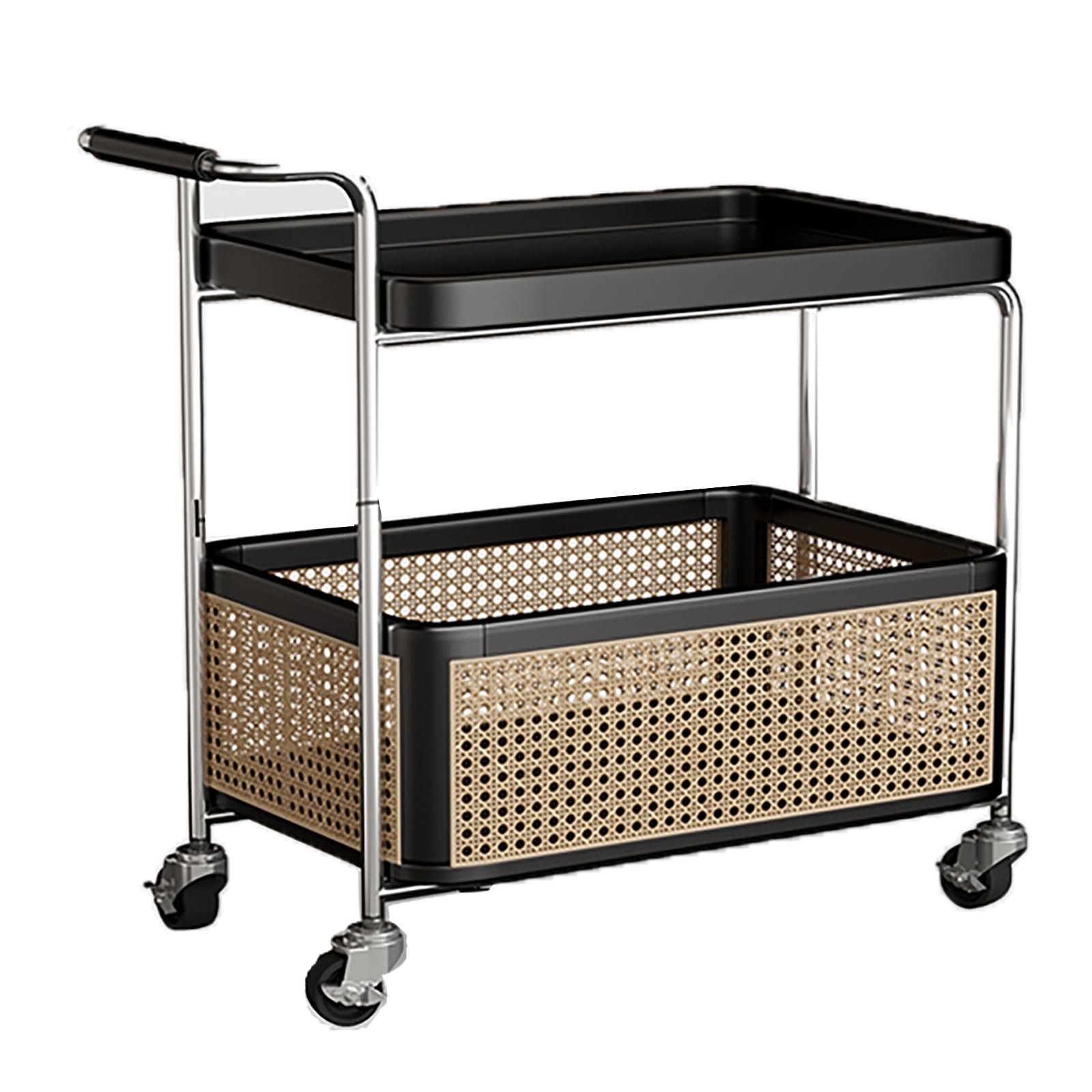 Mobile Side Table with Breathable Storage Basket Handrail Design End for Small Spaces Rolling Wheels(Svart)
