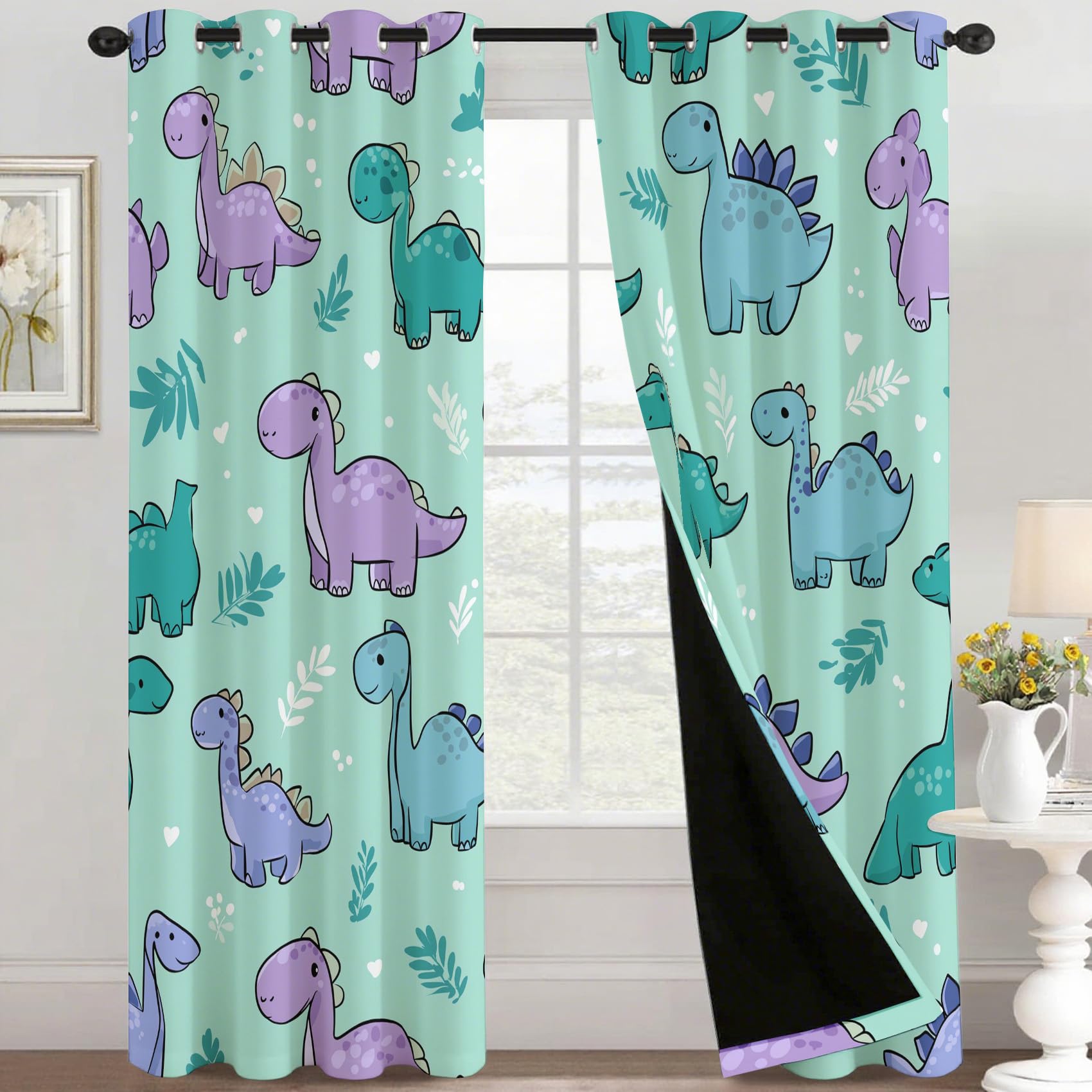 Générique Rideau Occultant Imprimé Dinosaure Enfant, Rideaux à Oeillets Thermique pour Chambre Salon, Motif Animaux Cartoon, L 140 x H 160, 2 Pièces, Decoration Maison - F449