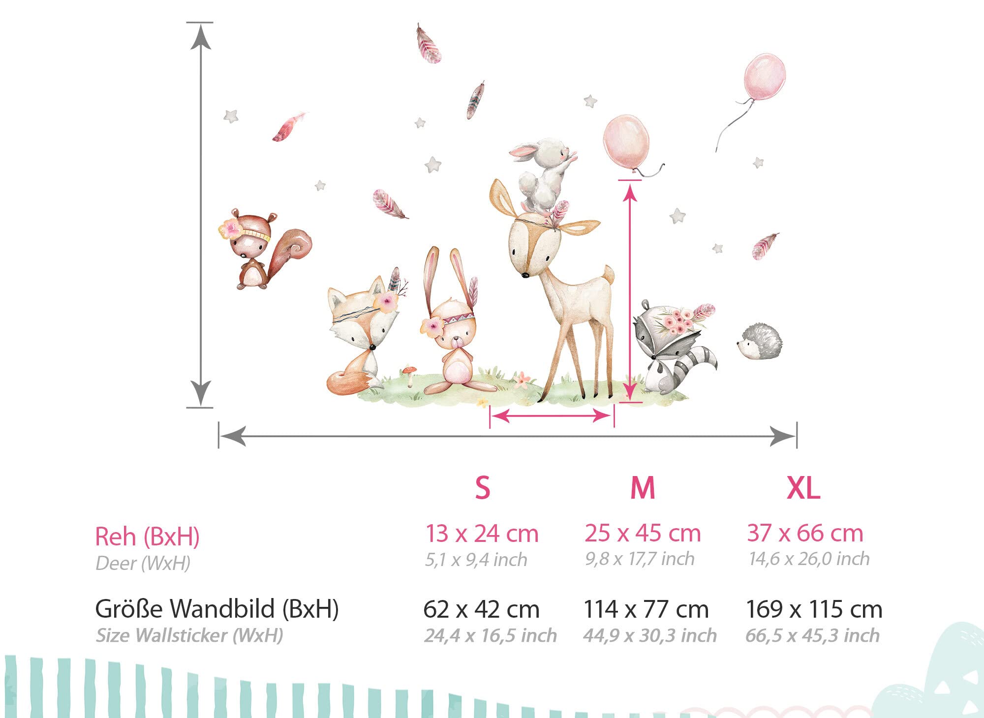 Wandtattoo Waldtiere Set Wandsticker REH Hase Fuchs Kinderzimmer Wandaufkleber Ballon Babyzimmer Wanddeko DK1098-2