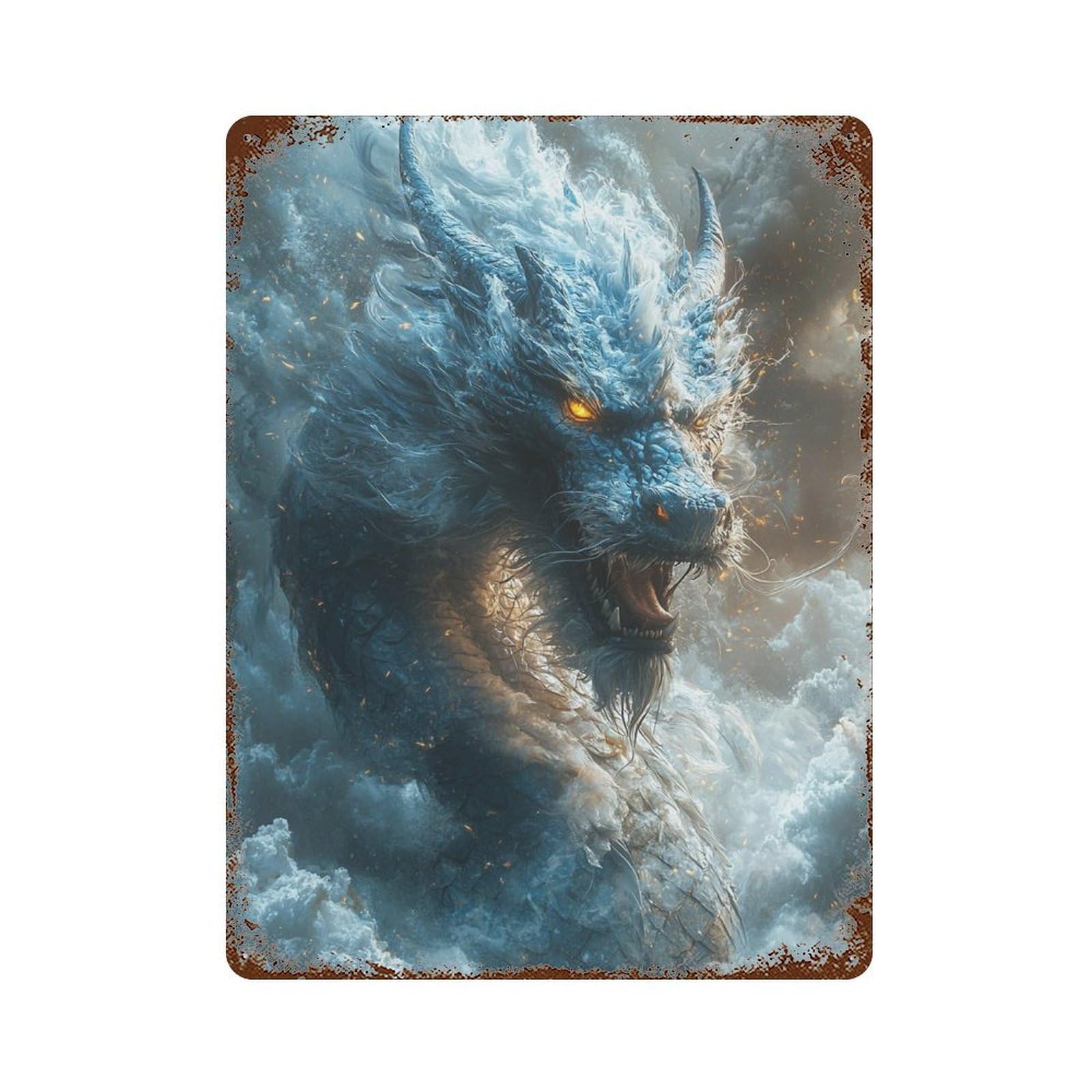 Dragon in Stormy Sky Distressed Metal Wall Sign 15.7"x11.8", Ideal for Patio, Garden Room And Bar Decor