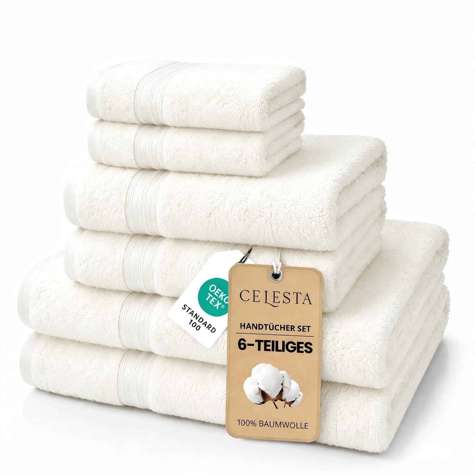CELESTA 6-teiliges Handtücher Set, 100% ringgesponnene Baumwolle, Oeko-TEX Zertifiziert, 2 Handtücher, 2 Duschtücher, 2 Gästetücher, Atmungsaktiv & Weich, Weiß