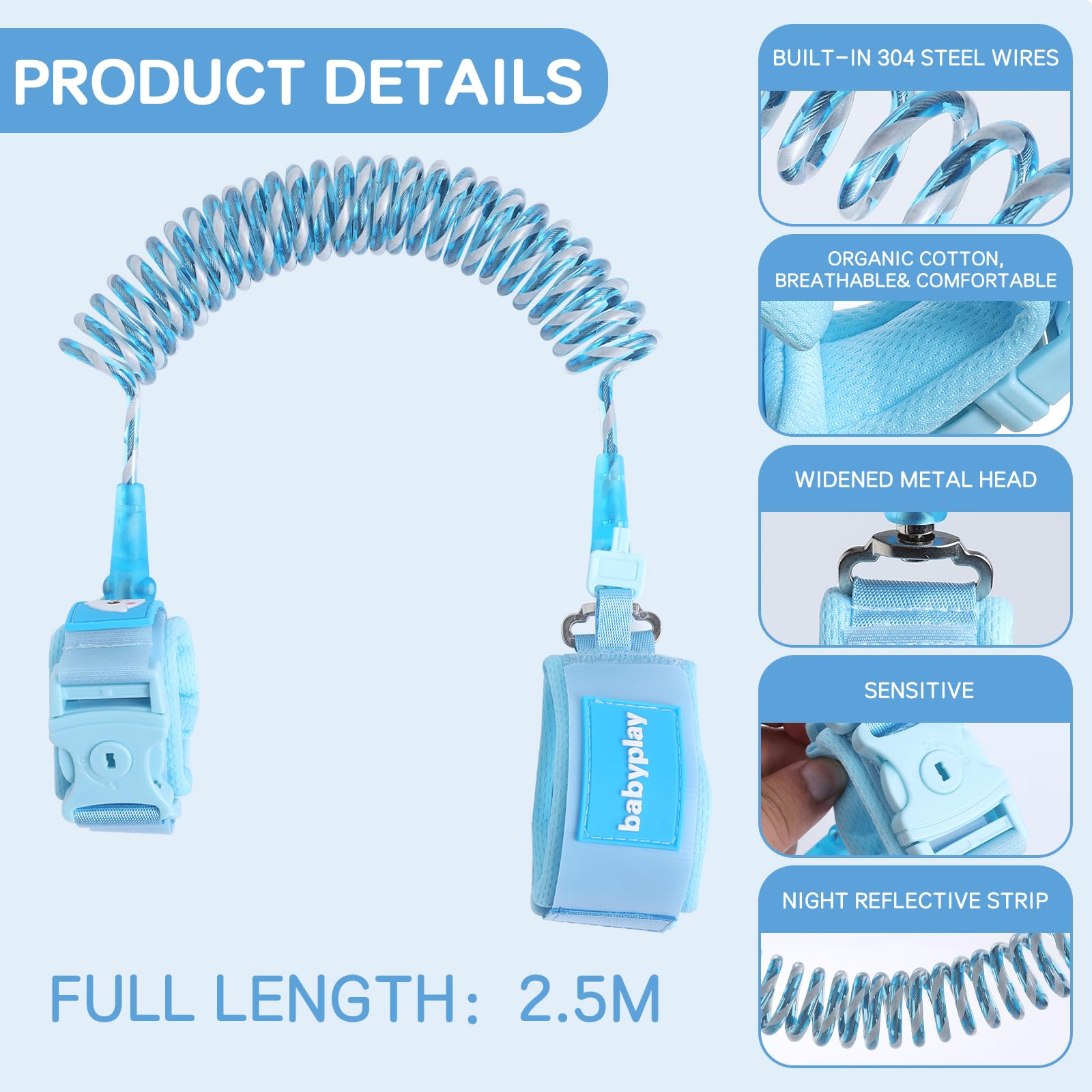 Anti Lost Wrist Link for Children,Belt Anti-Lost Safety Strap for Children Anti-lost Wrist Strap for Child Adjustable Rotation 2.5m (Blue) - Image 2