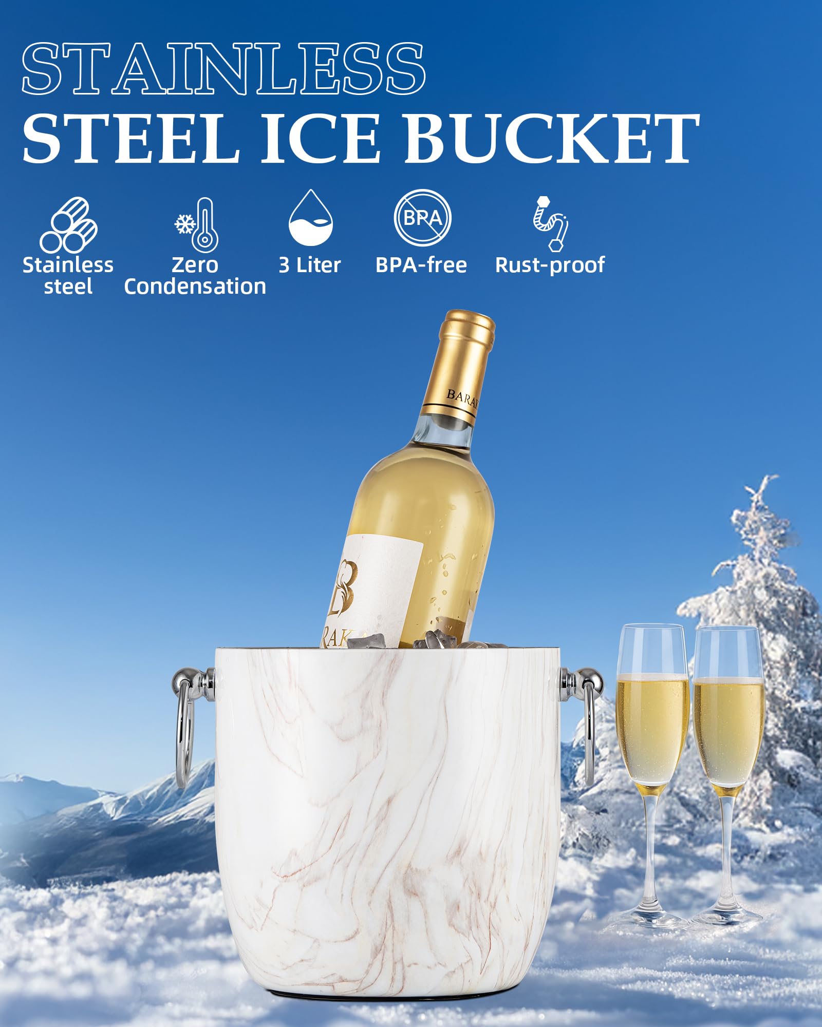 Isolierter Eiskübel, 3 l, doppelwandiger Edelstahl-Eiskübel mit Zange, Deckel, Schaufel und Sieb, Eiskübel für Partys, Cocktailbars, zum Kühlen von Bier, Champagner, Weinflaschen