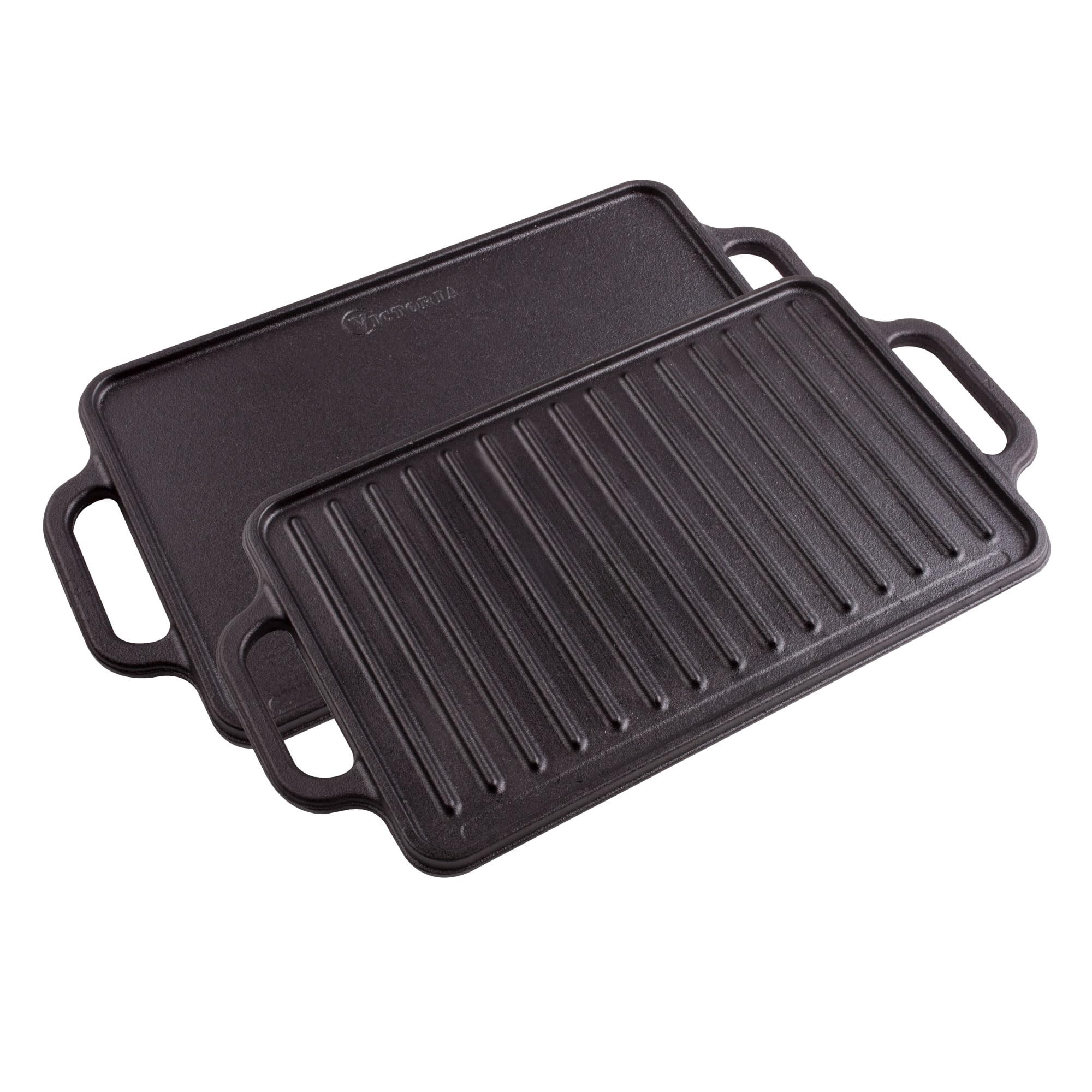 VICTORIA Plancha Cocina Hierro Fundido Esmaltado Parrilla Doble Reversible 33 X 21cm para Fuego, Barbacoa, Horno, Vitrocerámica, Gas, Libre de Tóxicos sin PTFE