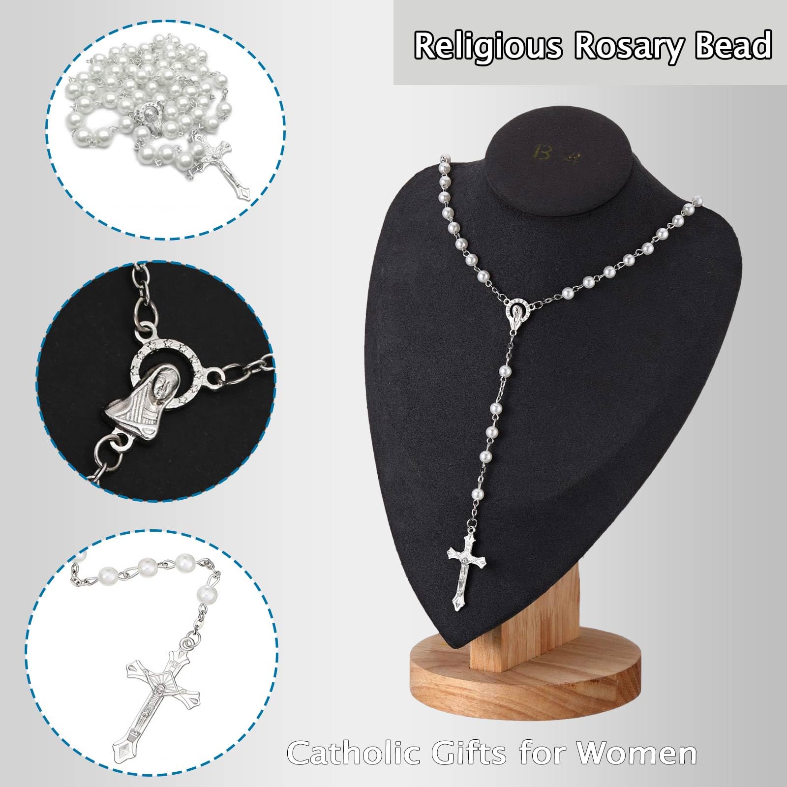 Collana Rosario con Perle e Croce di Gesù in Lega per Donne e Uomini, 2 Pezzi con Sacchetto in PU