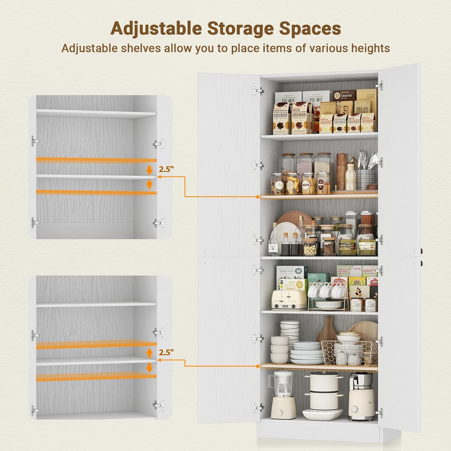 Cyclysio 80" Kitchen Pantry, Extra Tall Arch Storage Cabinet with 4 Doors and Adjustable Shelves, Freestanding Wood Cupboard with Seamless Fit Wall for Dining Living Room Bathroom Furniture