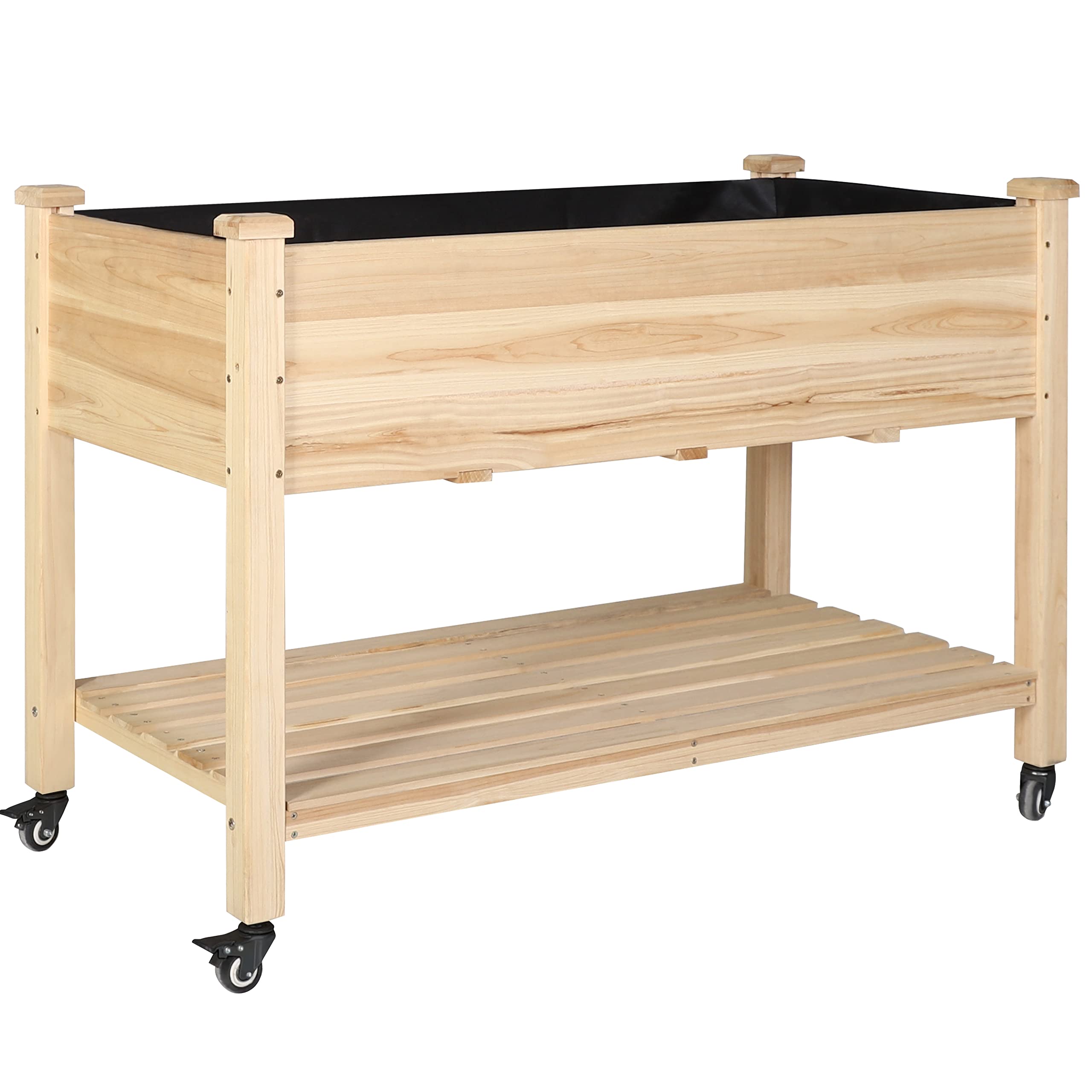 Huerto urbano de madera exterior con ruedas y estante inferior