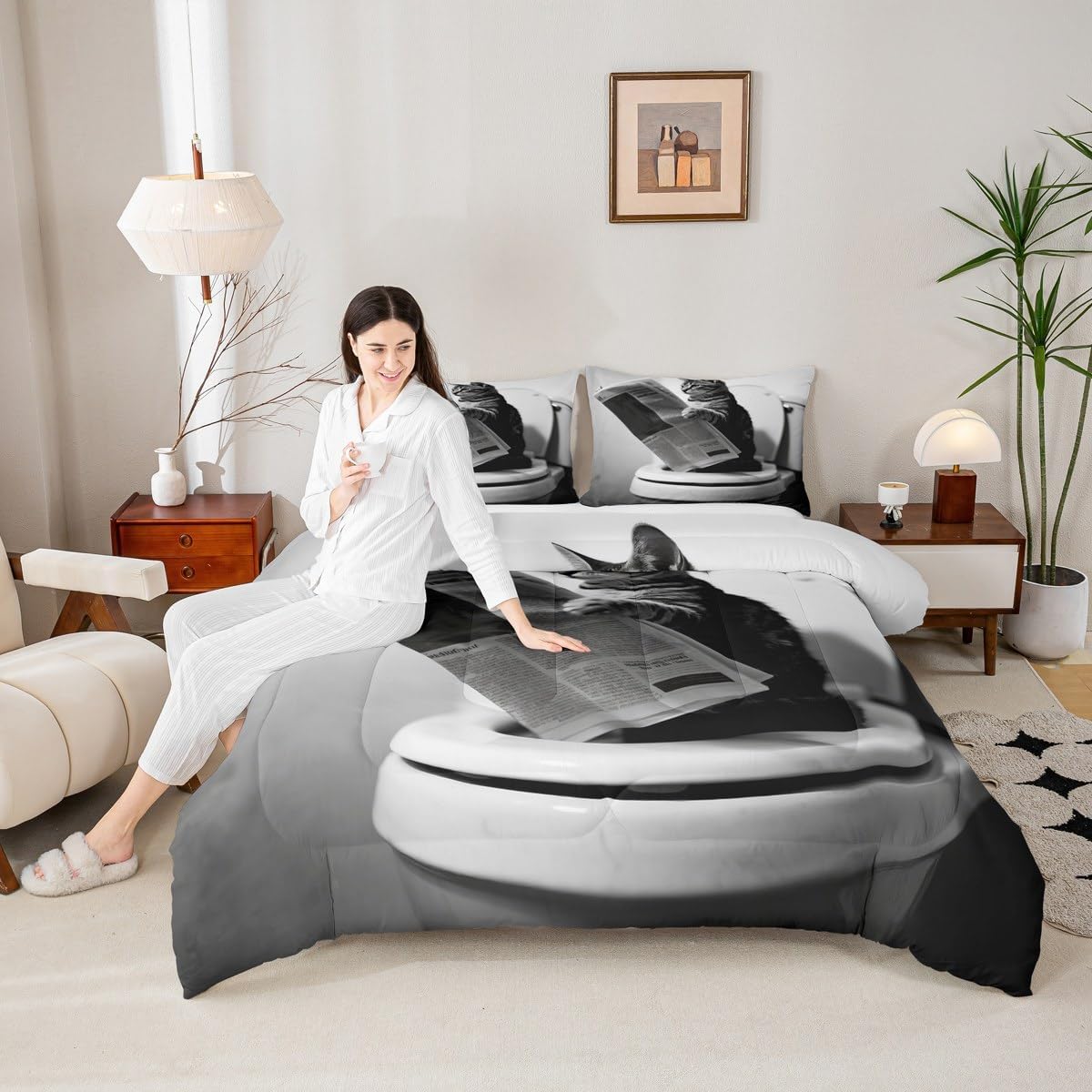 Erosebridal Cat Quilt Insert Toddler Size Kawaii Kitten Bedding Set for Kids Boys Girls Newspaper Reading Cute 3D Black Grey White Comforter Warm Soft Comforter Set