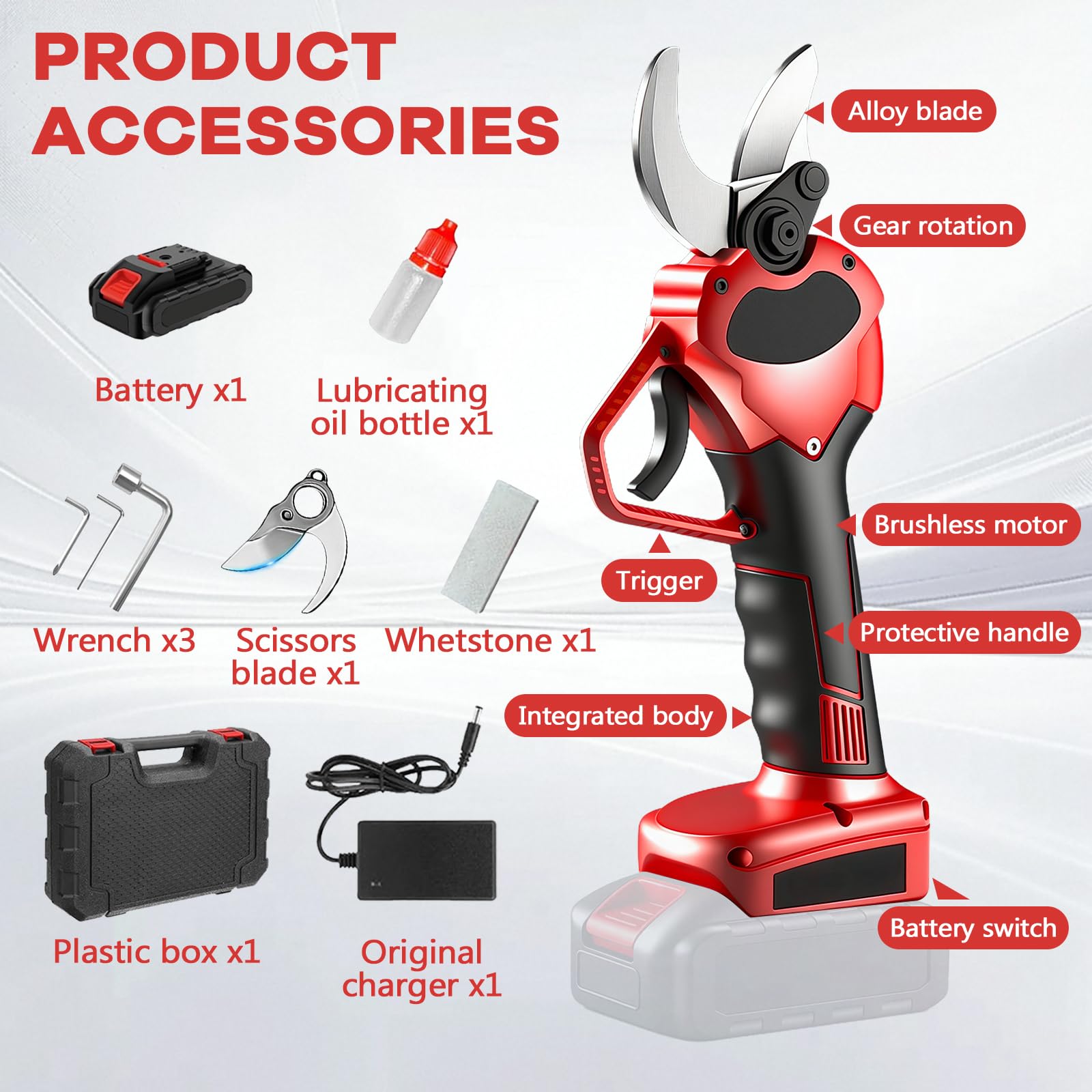 Tijeras de podar con batería de 2000 mAh, tijeras eléctricas sin escobillas con cuchillas SK5, diámetro de corte de 40 mm, piedra de afilar y cuchillas de repuesto, tijeras de podar eléctricas para