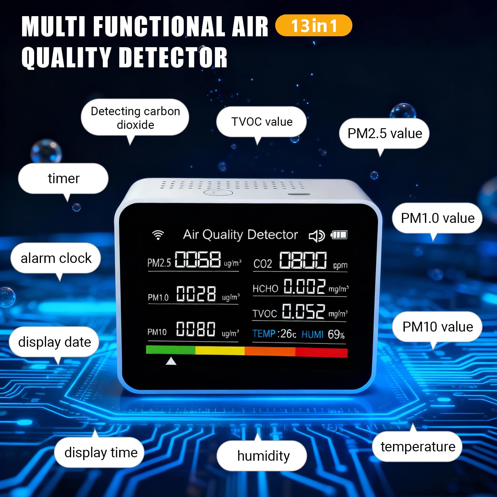 13 en 1 Tuya Intelligent Air Quality Monitor Interior, Detector de CO2 portátil, admite la función de Alarma de Control de Aplicaciones remotas con probador de Calidad del Aire (Blanco)