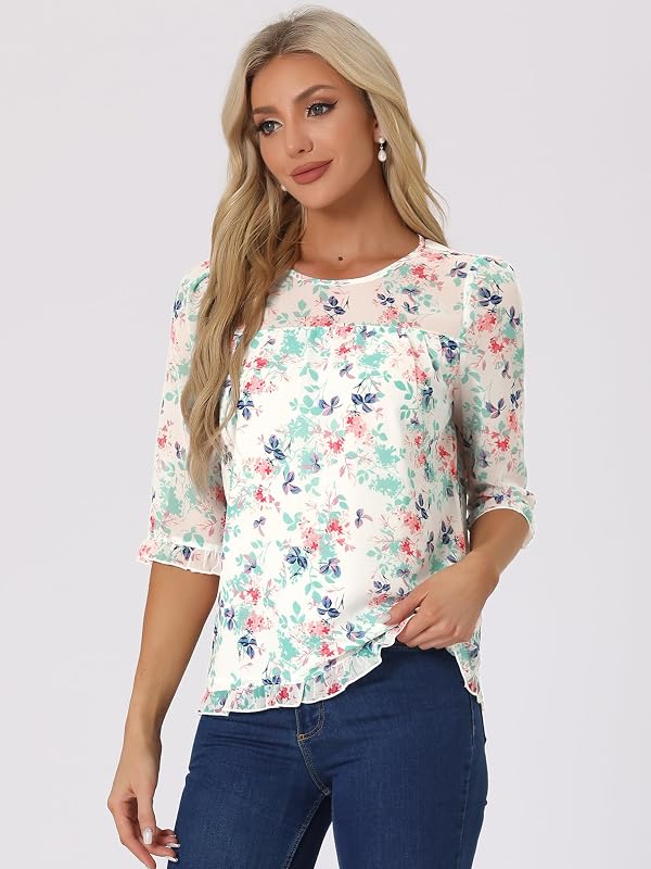 Allegra K Women's Casual Ruffle 3/4 Sleeve Floral Print Chiffon Blouse X-Large White Blue by Allegra K - Used condition - Image 3