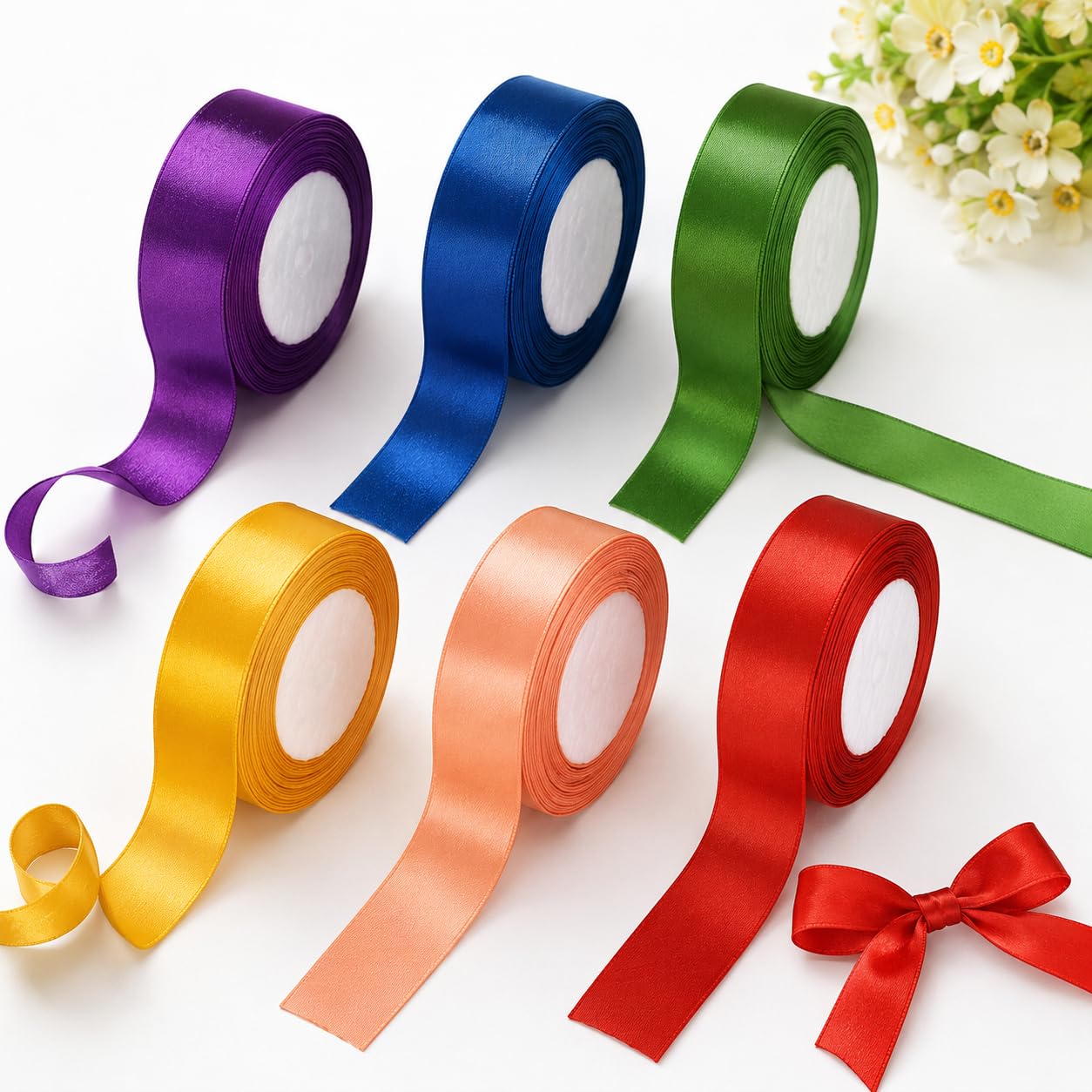 6 Rolls Satin Ribbon for Crafting, 2cm x 22.8m Colourful Polyester Thick Ribbon, Silk Florist Ribbonfor Gift Wrapping Crafting Wedding Decoration Fabric Ribbon Roll for DIY Bows Floral and Party Use