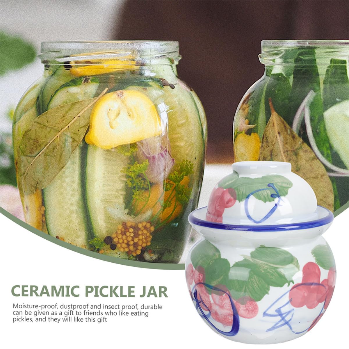 Kichvoe Keramik Gurkenglas 2kg Einmachglas mit Wasserverschluss und Luftdichtem Deckel für Kimchi und Sauerkraut Fermentation im Haushalt