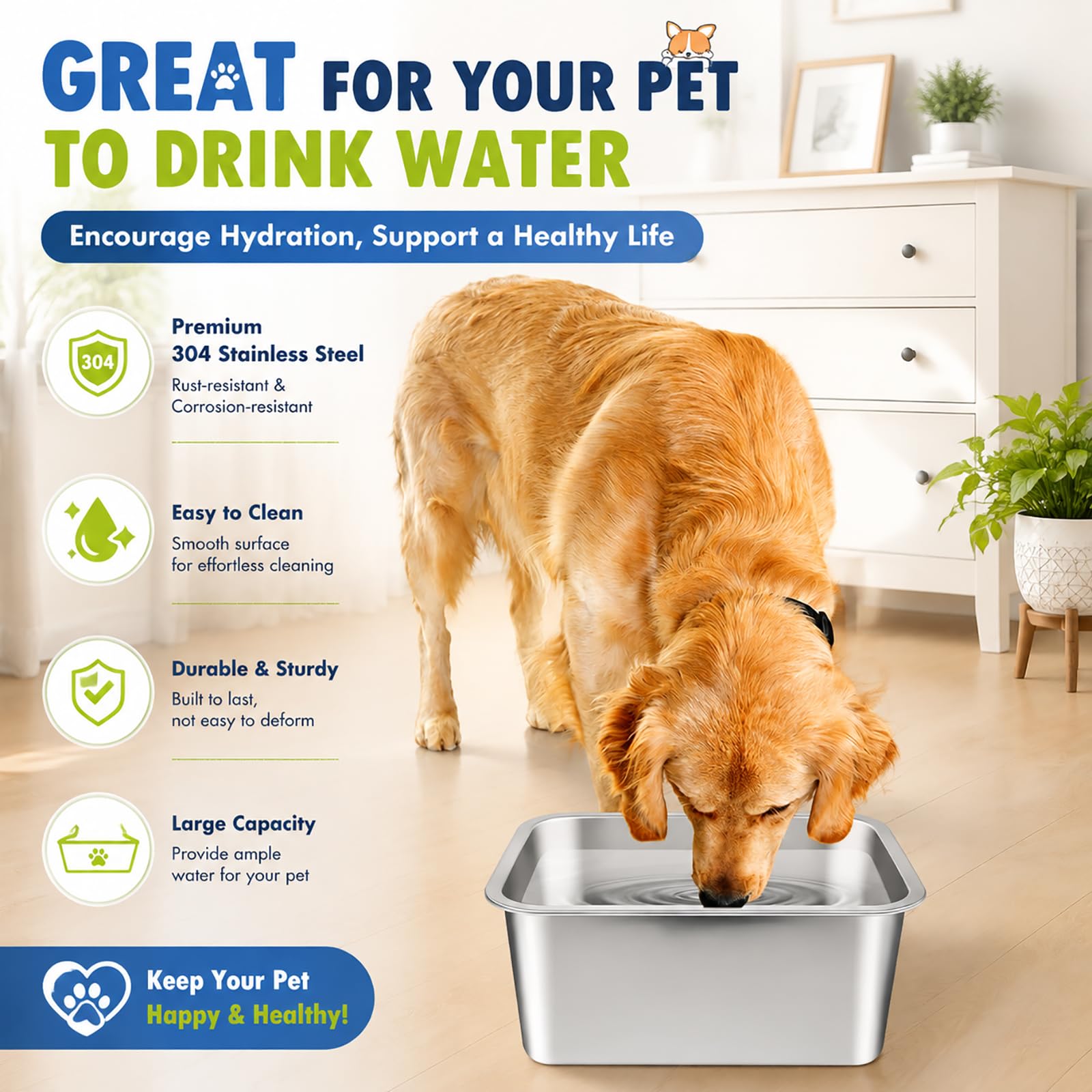 Bwogue Extra großer Hundewassernapf für große Hunde, langlebiger Edelstahl-Hundenapf für Hunde, hohe Kapazität, Wasser- und Futternäpfe für große, große Hunde, 1 Packung