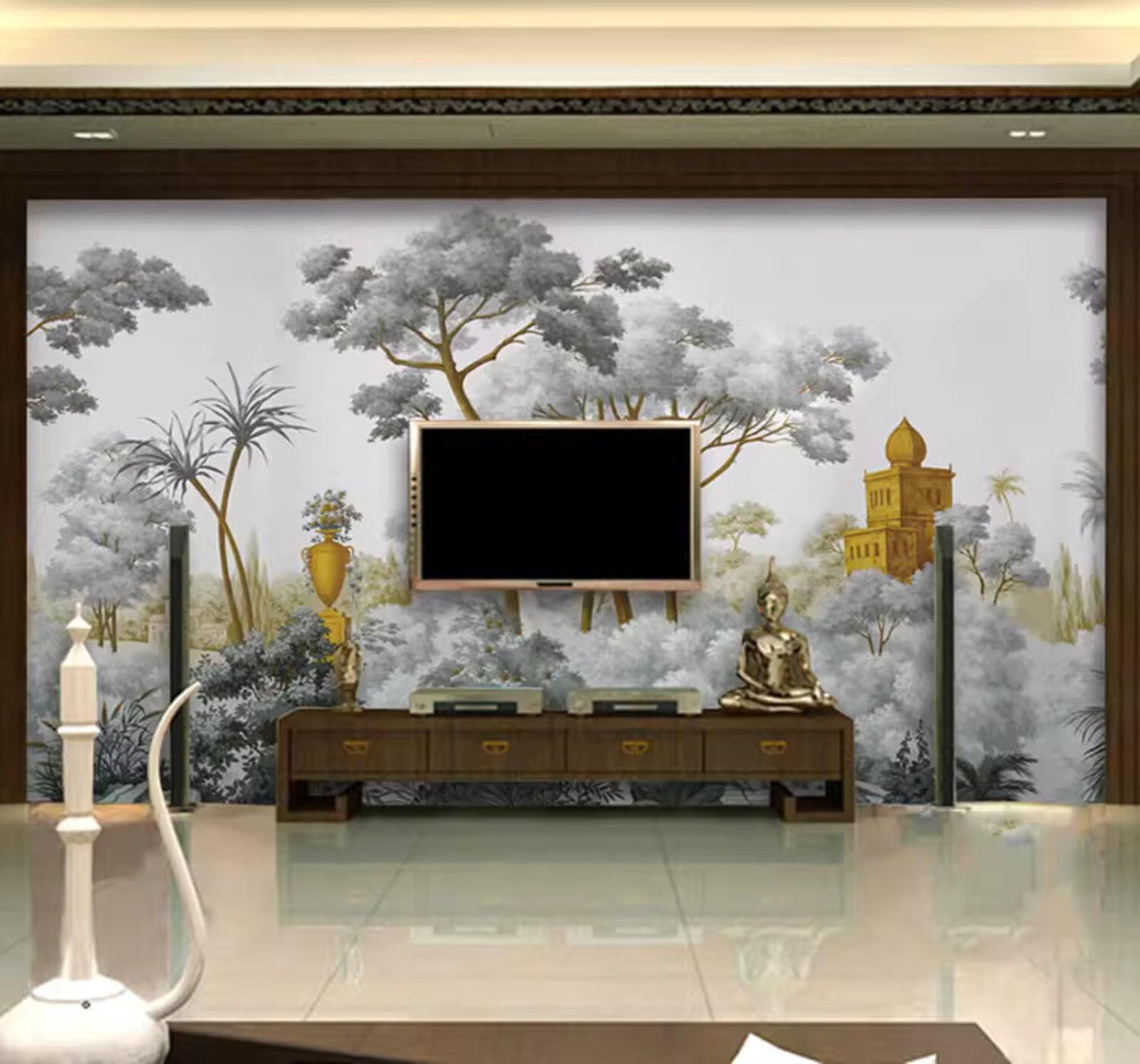 Hand Drawn Black and White Jungle Architecture Art 3D Wallpaper Easy Install Feature Office Living Room Sofa Bedroom TV Background Wall Decoration-400cm×280cm
