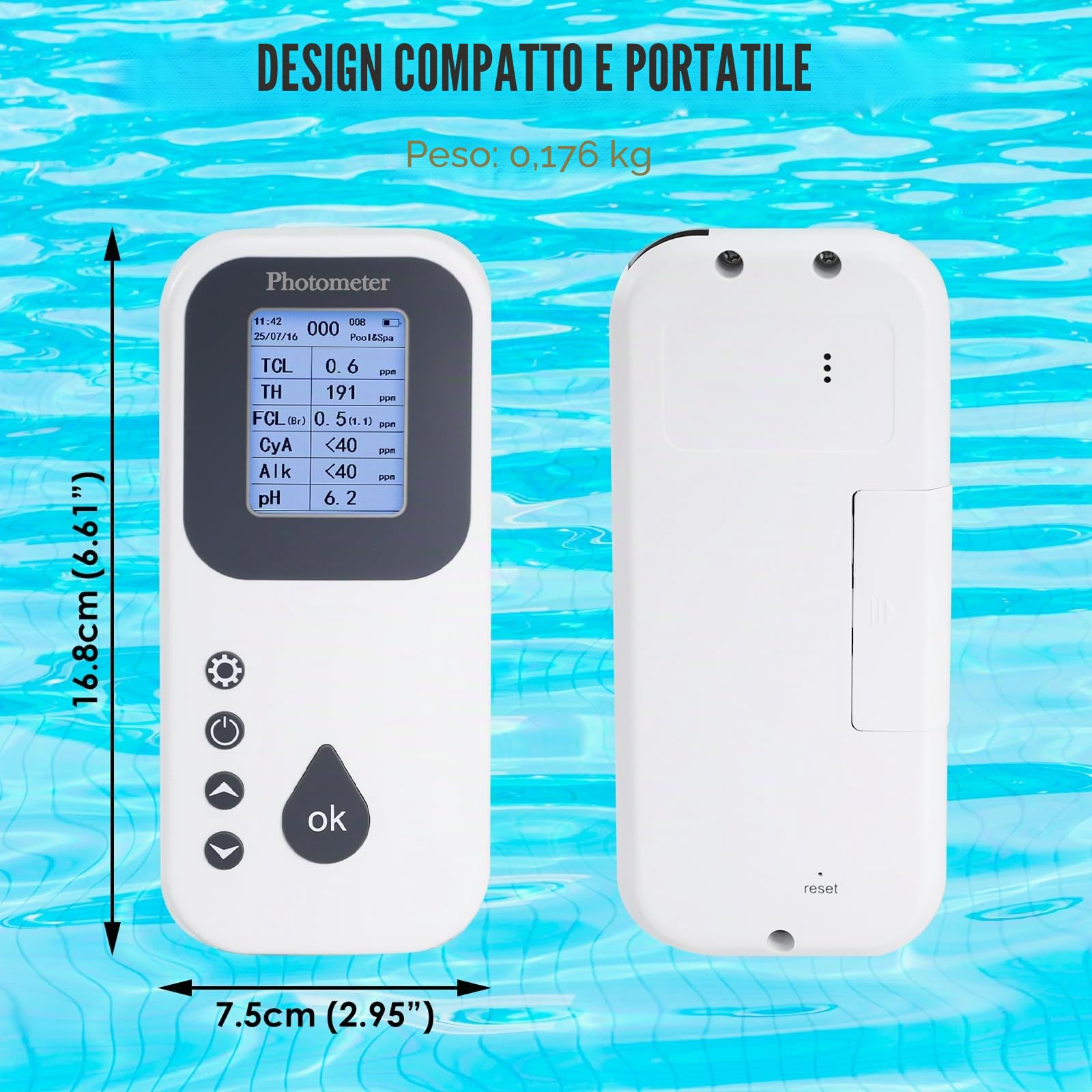 Kit di test digitale 7 in 1 per piscina: misura pH, cloro libero/totale, bromo, alcalinità, durezza, acido cianurico con display LCD e registratore per piscine, spa, idromassaggio