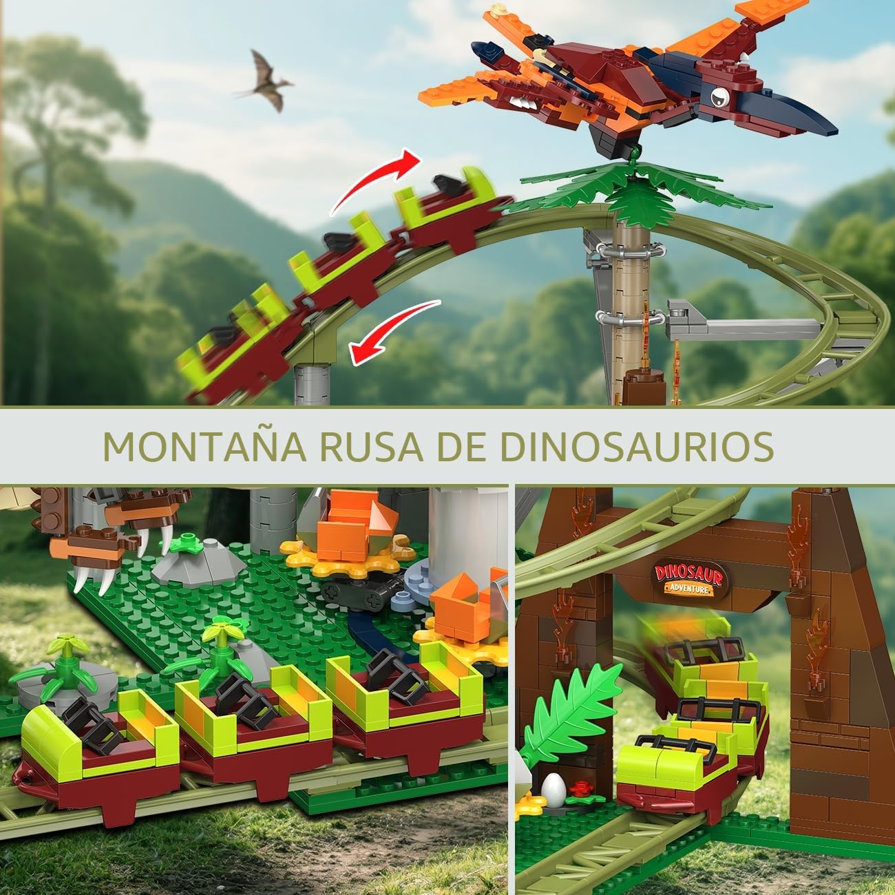 HOGOKIDS Juguete de Bloques de construcción de montaña Rusa de Dinosaurios – 1222 Piezas de Juguete de construcción de montaña Rusa con 4 Dinosaurios, vehículos Todoterreno, Modelos de Dinosaurio