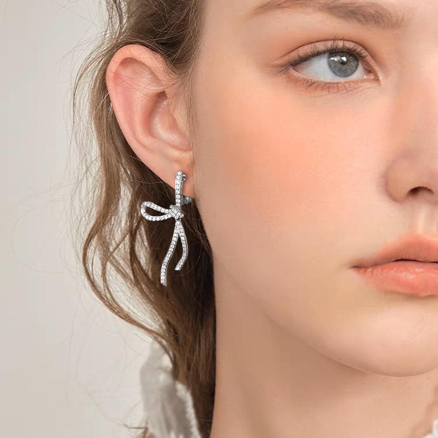 Zircon Bow Elegant Bowknot Clip on Earrings for Women Non-pierced Drop Clip Earrings - Image 2