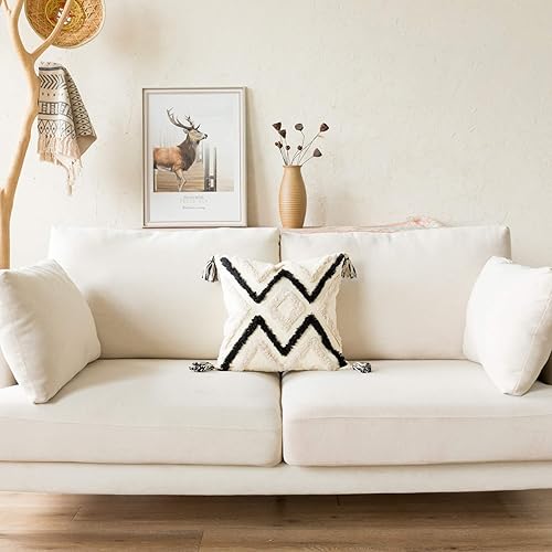 Miniatura 6 de Funda de almohada tejida estilo bohemio, moderna, decorativa, geométrica, a rayas, cheurón, con borlas, fundas de almohada tribales de granja para