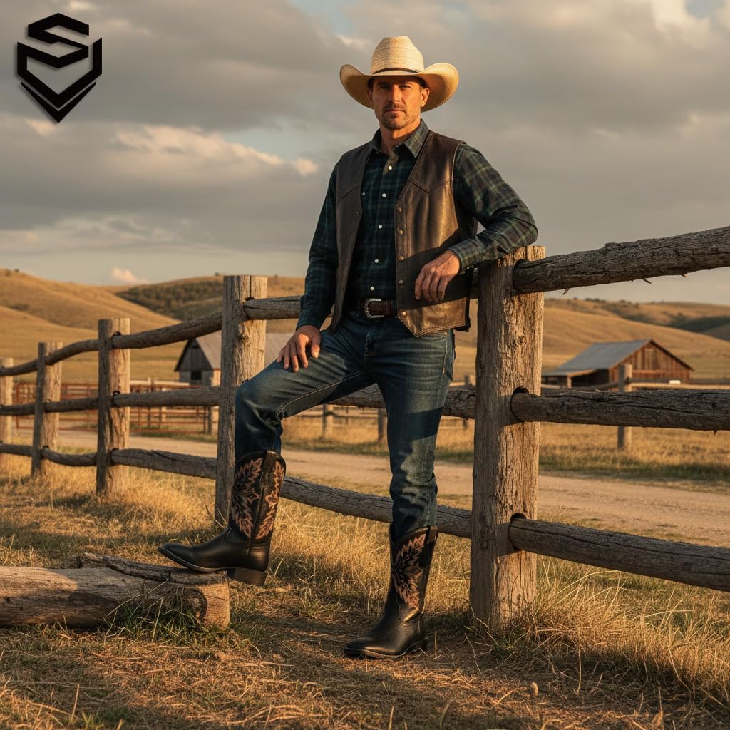 SUREWAY Cowboy Boots For Men - Square Toe Western Boot,Oil/Slip Resistant,Durable Fashionable Classic Pull on 10 Inch Wellington Boots - Leather - Image 2