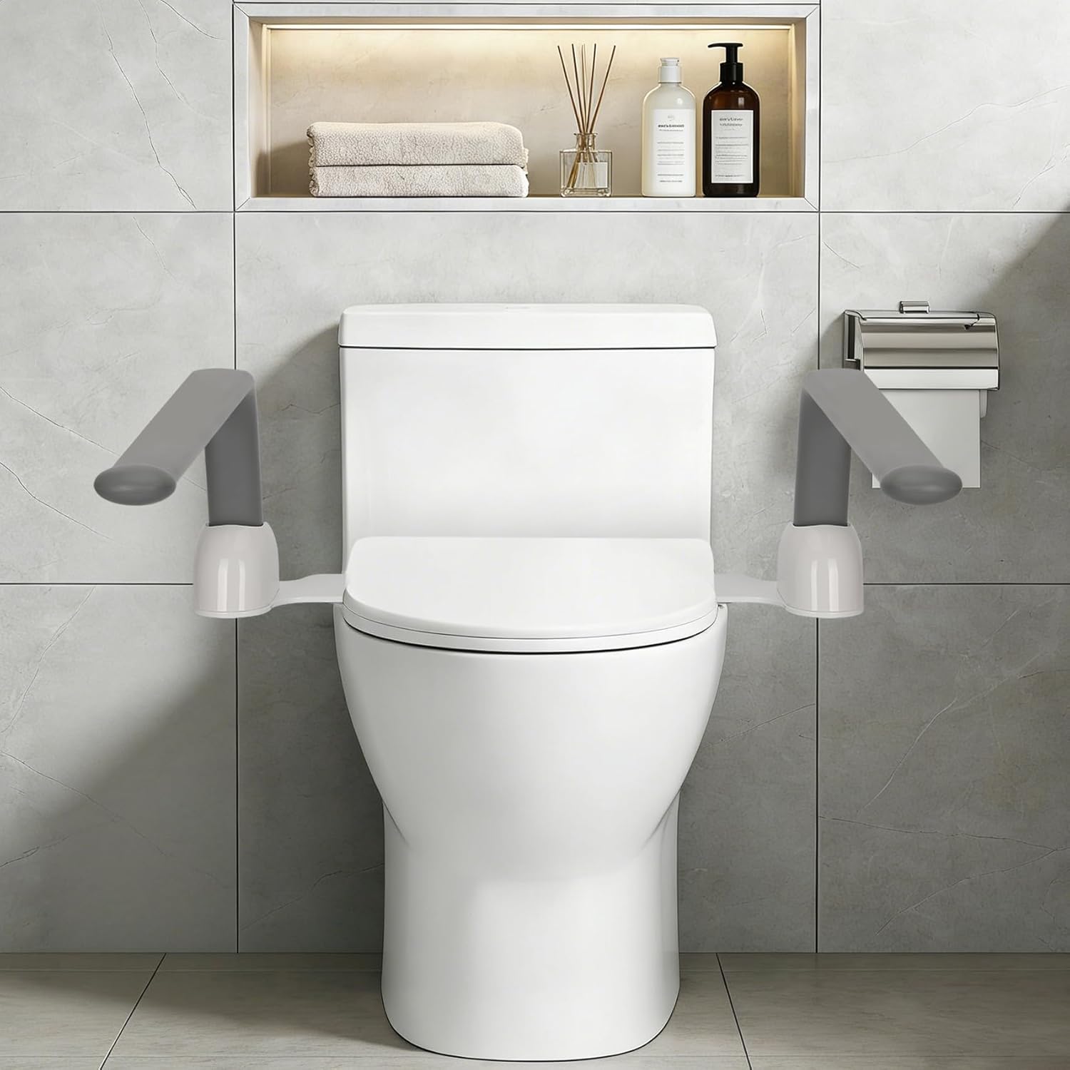 Toilet Safety Rails for Seniors, Adjustable Armrest, Space Saving, Stylish and Durable, Anti Slip and Anti Fall, Suitable for Elderly, Disabled, Pregnant Women with Armrest Toilet Safety Rail