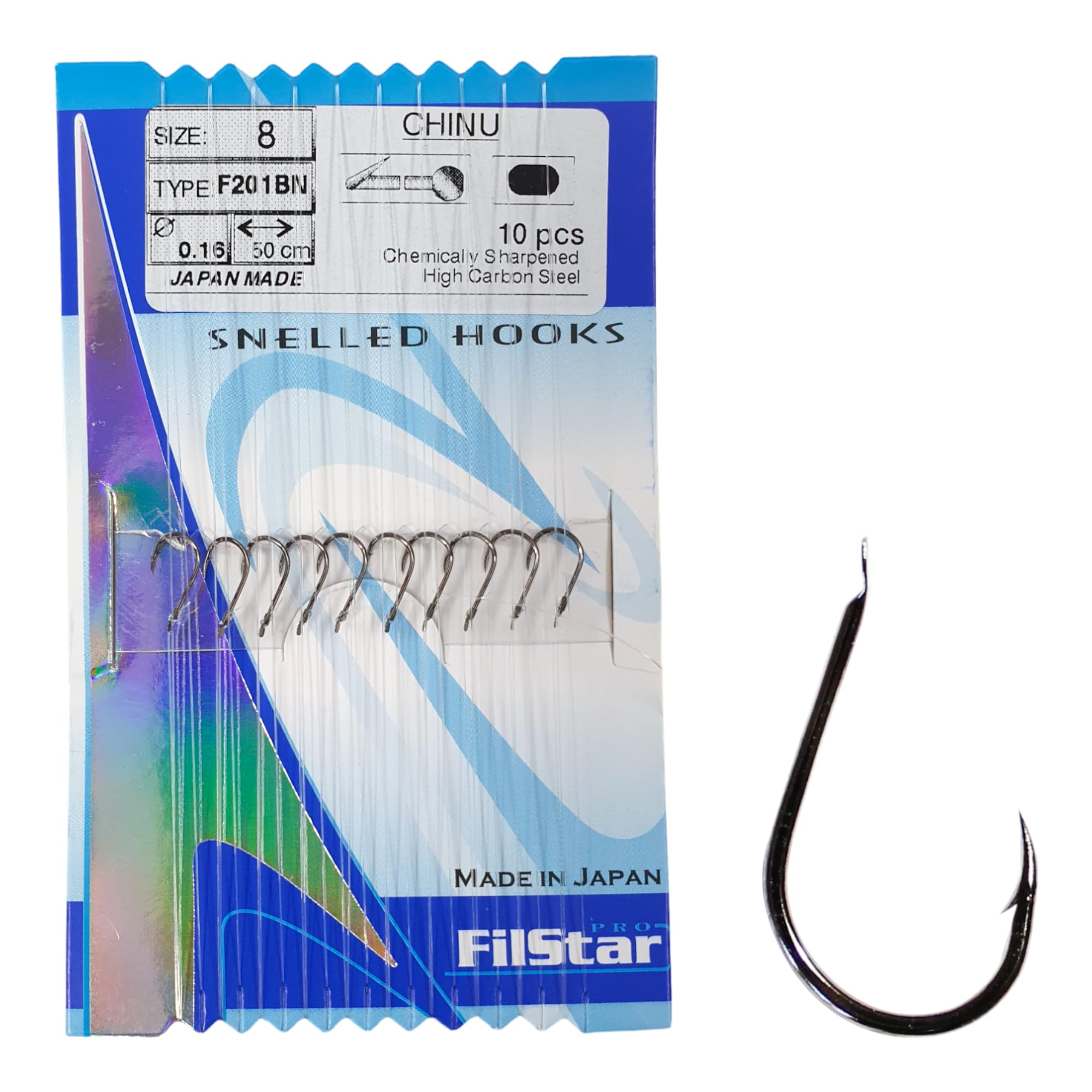 PRO FILSTAR Fishing Hook Set including Leader 10 Pieces, N8, Tied Hooks with Mono Fishing Line 50 cm, Diameter 0.16 mm