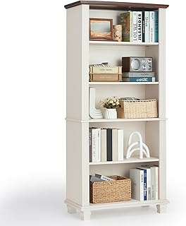 70" Tall White Bookshelf,5 Tier Wood Book Shelf with Adjustable Shelves & Wood Legs,Free Standing Farmhouse Bookcase with Open Display Storage,Vintage Kids Bookshelves for Nursery,Bedroom