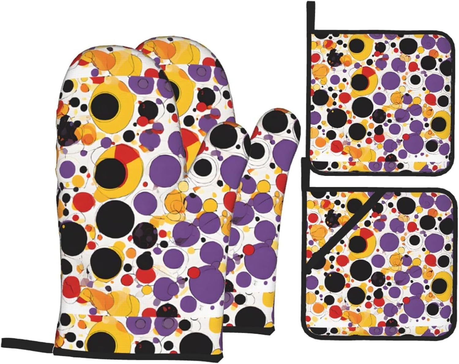 (Mid Century Modern Retro with Drop Shapes) Baking 4-Piece Set: 2 Oven Mitts and 2 Pot Holders Heat Resistant Waterproof Hanging Loop for Kitchen Oven Grill Housewarming Gifts