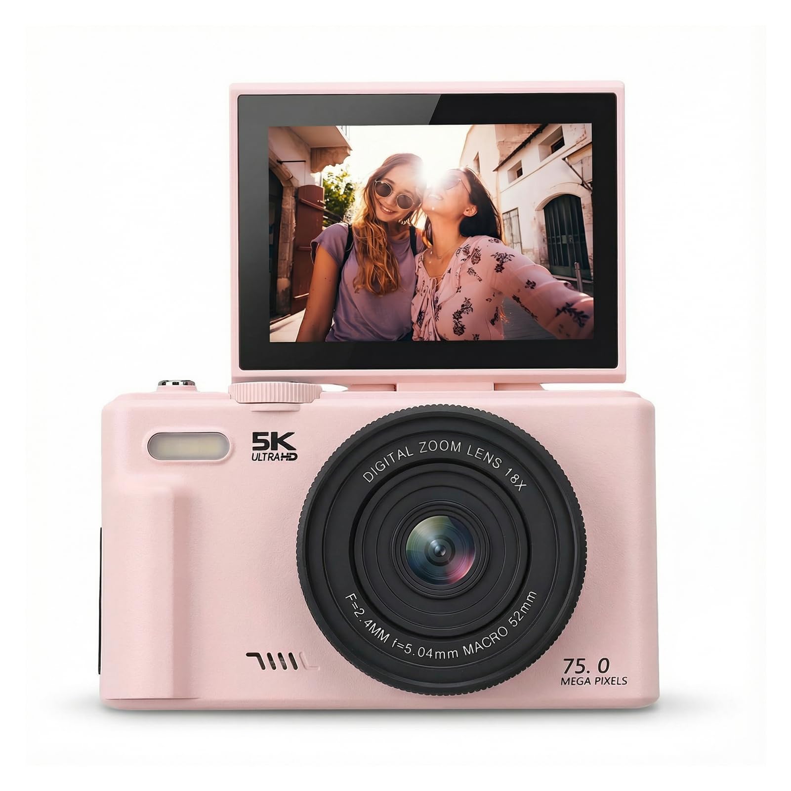 Kamera Cyfrowa 5K do Fotografii, Kamera Vlogowania FHD Wi -Fi 75MP, 3 -calowe 180 ° Screen Autofocus Compact Camery z 18x Zoom (różowy)