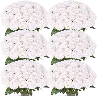 55 PCS Fake Roses Artificial Flowers Bulk, White Roses Bridal Bouquet Silk Faux Rose with Stems for Wedding Flowers Decoration, Valentine's Day, Bridal Bouquet, Anniversary,Home Decor (55PCS, White)
