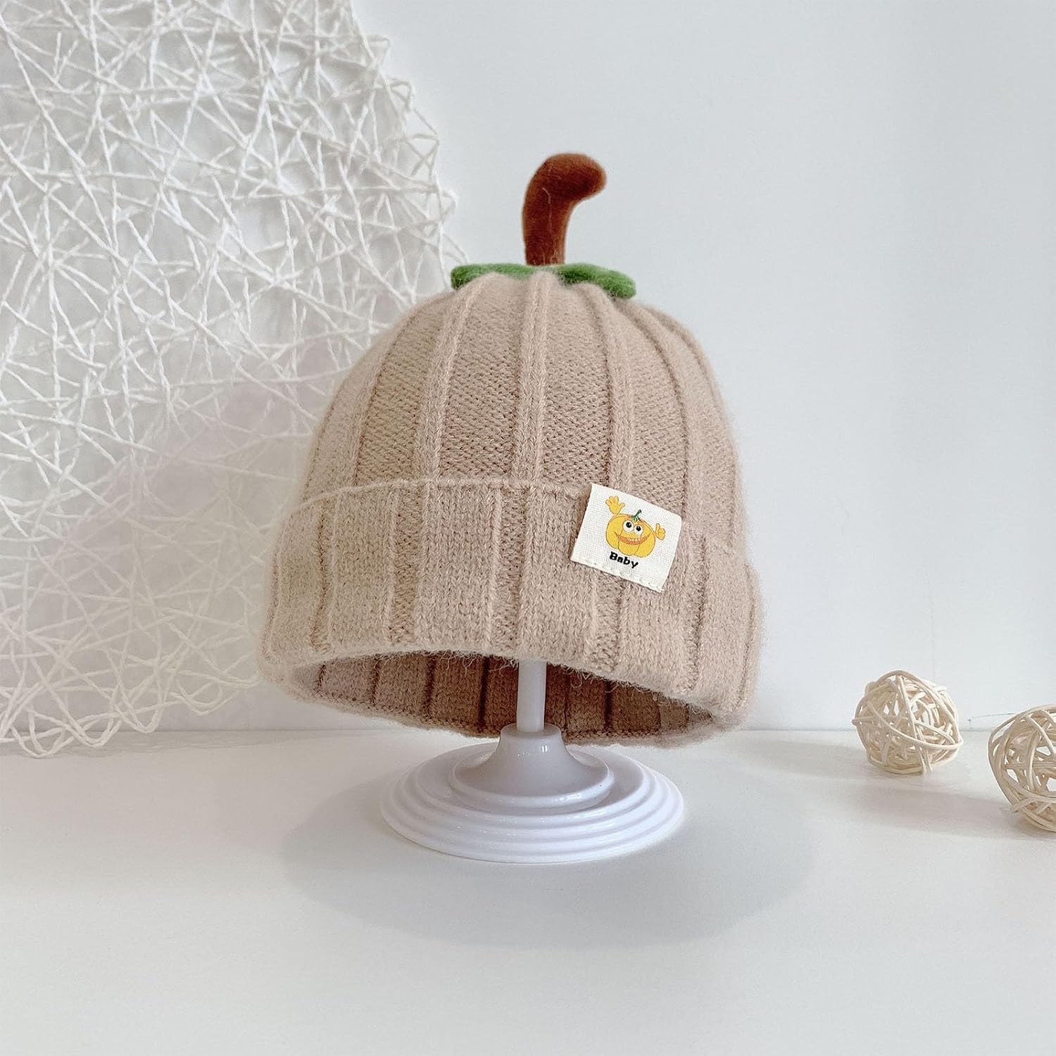 Kids Fruit Shape Winter Knit Hat with Leaf Top Cuffed Warm Hat