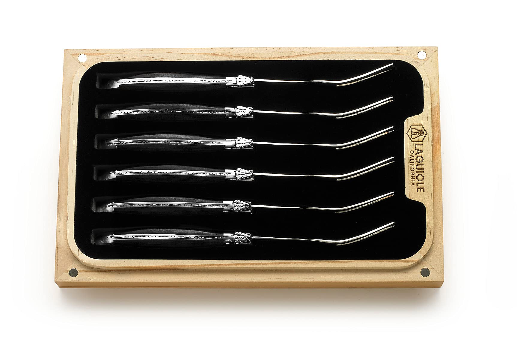 Fork Set - 6 Piece Blackwood Set - Ergonomic Handles - Stored in a California Oakwood Gift Box - Stainless Steel - Kitchen and Dinnerware