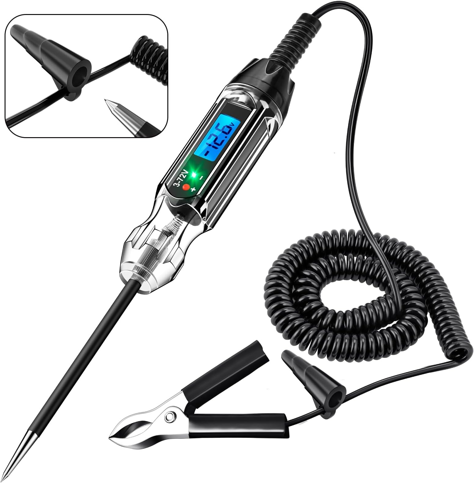 Heavy Duty 3-72V Backlit Digital LCD Circuit Tester, Automotive Test Light with 140 Inch Extended Wire and 2 Polarity Indicate LED Lights, Car Truck Low DC Voltage & Light Tester with Stainless Probe