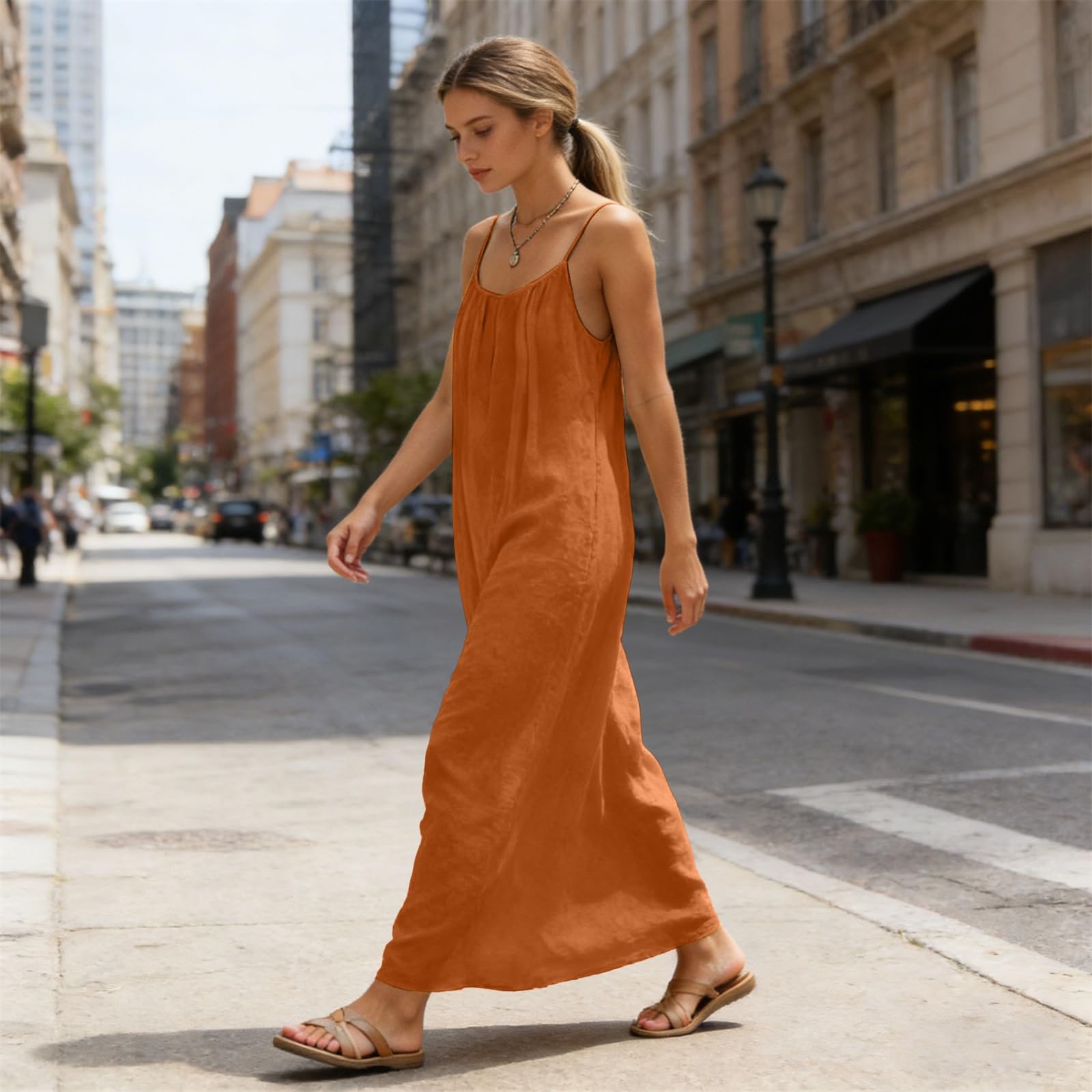 Vestido de verano de algodón para mujer, largo hasta la rodilla, muselina, vestido maxi de verano, tirantes descubiertos, ligero y aireado, vestido informal con cordón, vestido de casa, tirantes