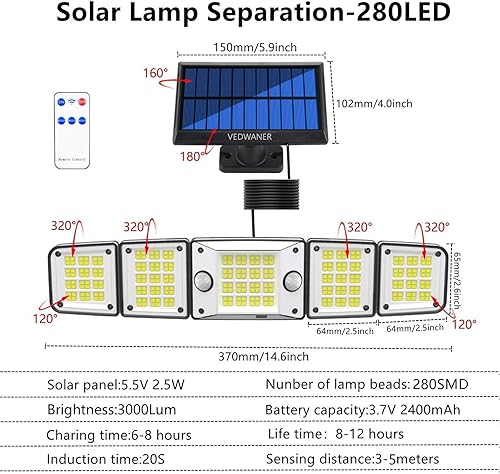 Miniatura 7 de Luces solares para exteriores de 240 2 con sensor de movimiento, impermeable, 560 LED, panel separado, cable de 16.5 pies, modo de iluminación del