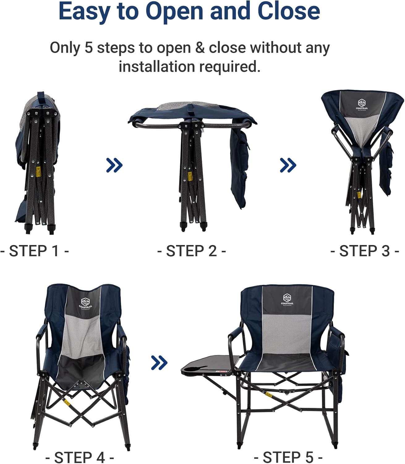 Coastrail Outdoor Extra Compact Folding Directors Camping Chair with Breathable Mesh Back, Large Side Table with Cup & Phone Holder, Storage Pockets and Handle, Bonus Carry Bag : Sports & Outdoors