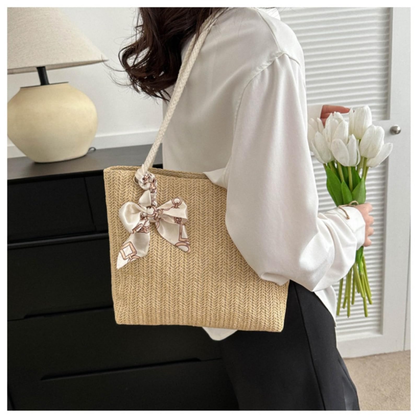 Borsa di Paglia Donna A Tracolla Estiva, da Pendolare Grande capacità delle Donne, alla Moda-White