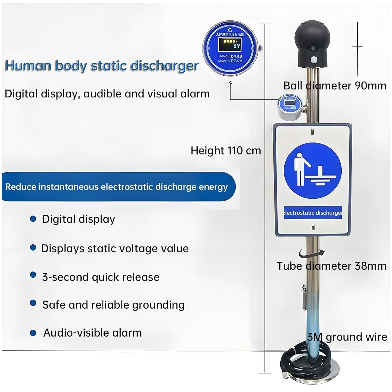 Déclencheur électrostatique à affichage numérique, déchargeur d'élimination statique du corps humain avec alarme sonore, boule de libération électrostatique, libération rapide 3S, mise à la terre