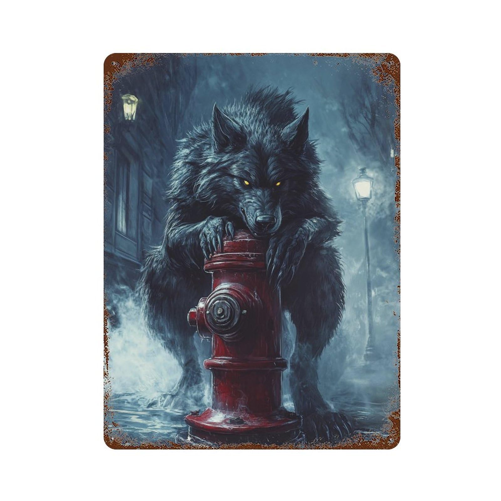 Urban Werewolf Encounter 15.7"x11.8" Rust Effect Tin Sign, Industrial Home Decor for Living Room, Hallway And Home Decor
