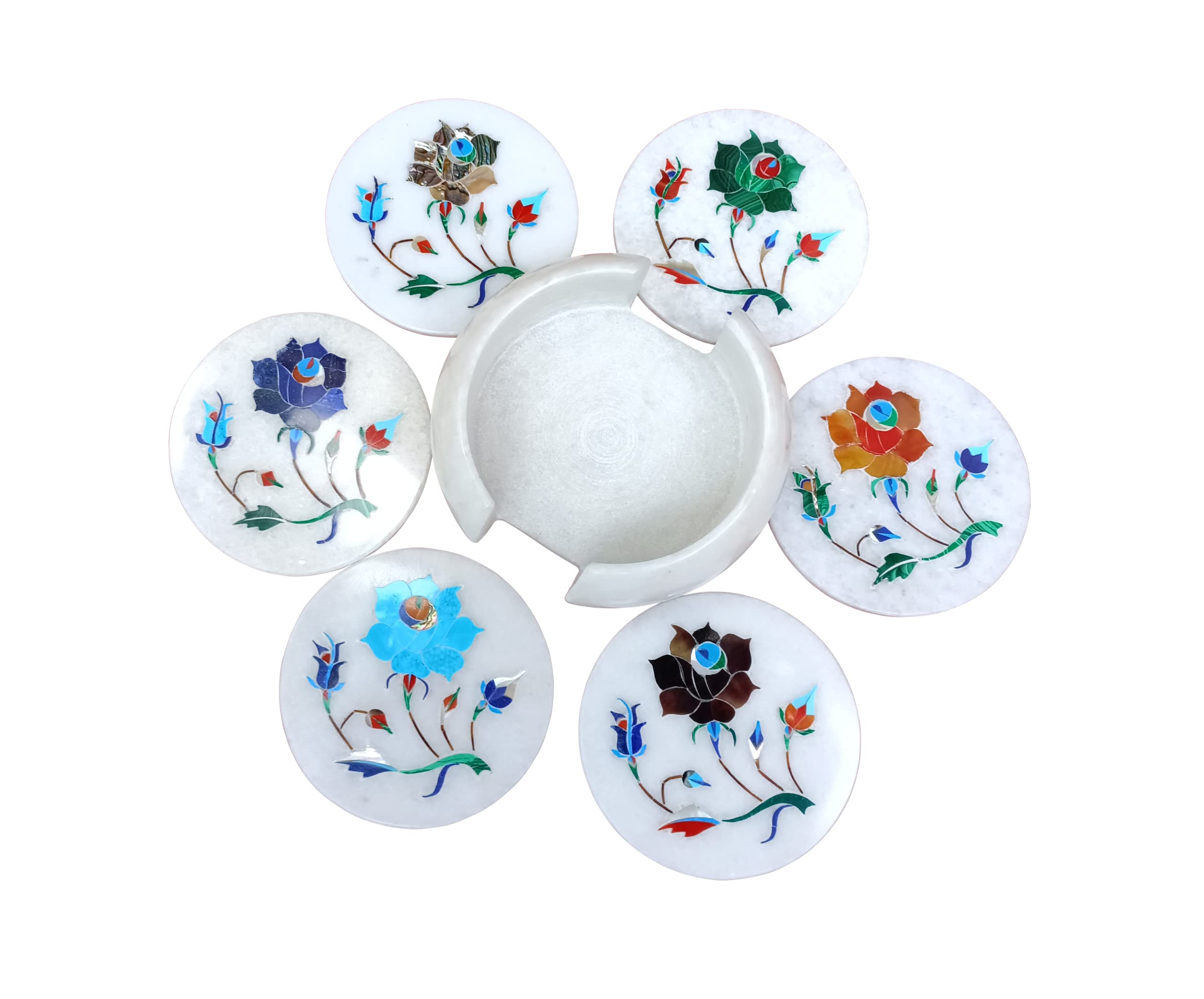 ArtEra Set di sottobicchieri in marmo con intarsio in pietre semipreziose (AE-09), multicolore (6 sottopentola con supporto, diametro 10,2 cm)