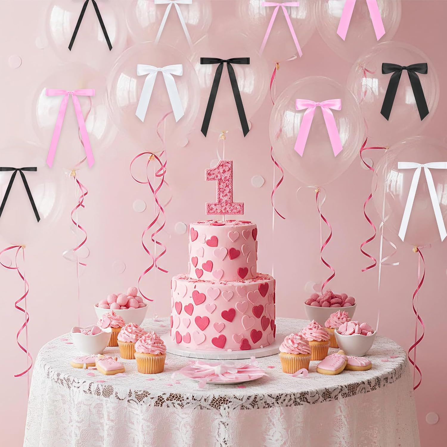 60 Pcs Bow Wall Decor, DIY Bows Party Decorations, Satin Ribbon Bow Garland Photo Backdrop for Birthday Baby Shower Bridal Shower Bachelorette Wedding Party Decor(Pink,Black,White)