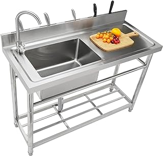 VEVOR 43 x 33 x 22 cm Stainless Steel Basin, 1 Compartment, Freestanding Sink with Workbench (Right) & Tap and Legs, Commercial Single Sink for Garage, Restaurant, Laundry