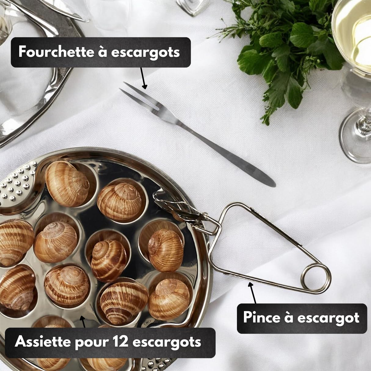 Service à Escargots 12 trous - Assiettes, Pinces et Piques à Escargots en Acier Inoxydable - Coffret Complet d’Ustensiles pour 4, 6, 8 ou 12 personnes (Set 24 pcs)