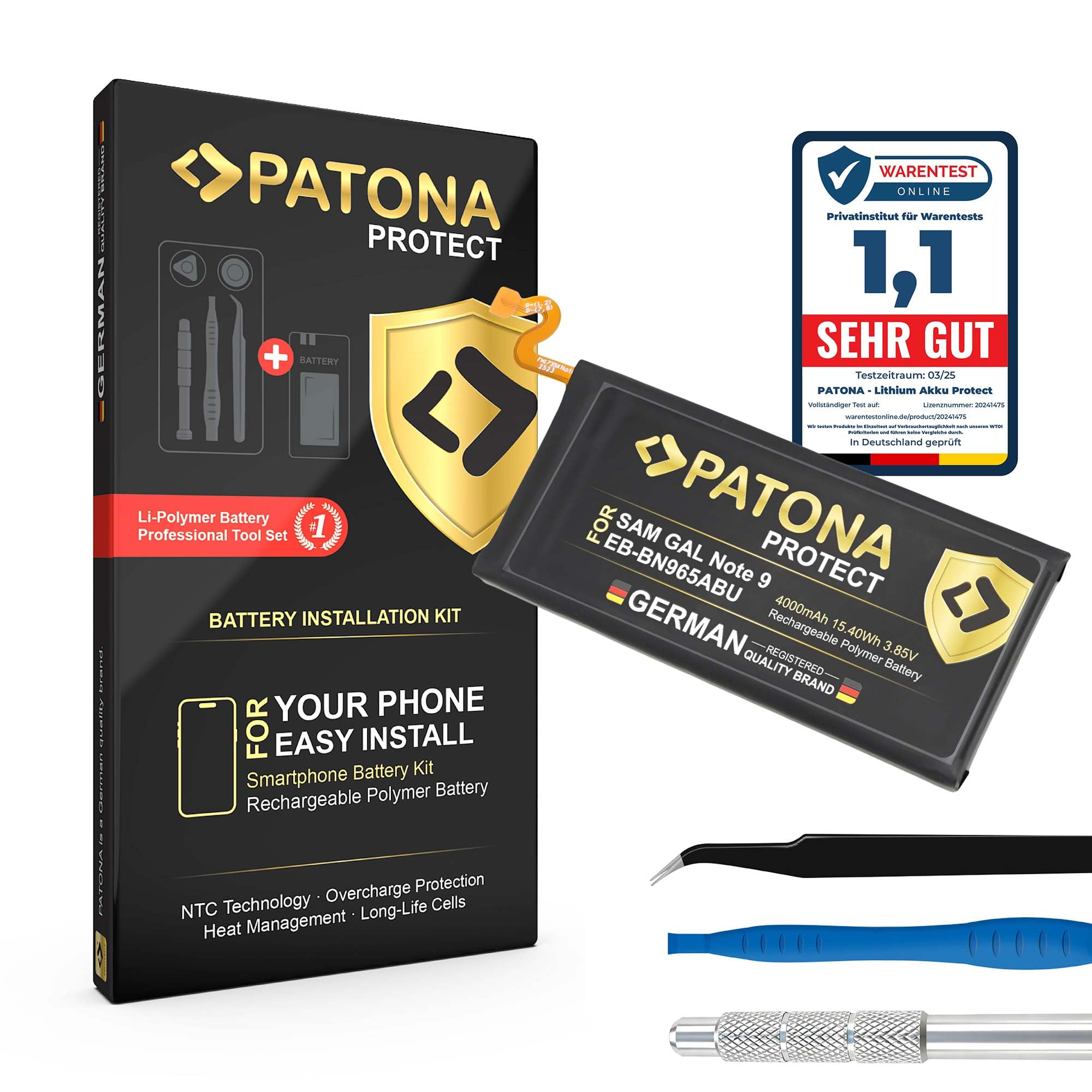 PATONA Protect Batteria per Samsung Galaxy Note 9 N960F EB-BN965ABU | Batteria smartphone con protezione NTC, protezione sovraccarica/sottoscarica, incl. kit montaggio