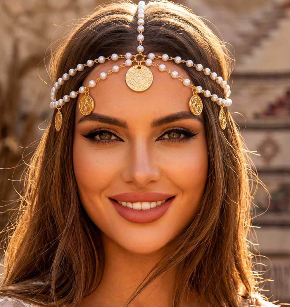 Cadena de cabeza de moneda Kilshye con perlas brillantes estilo boho 8