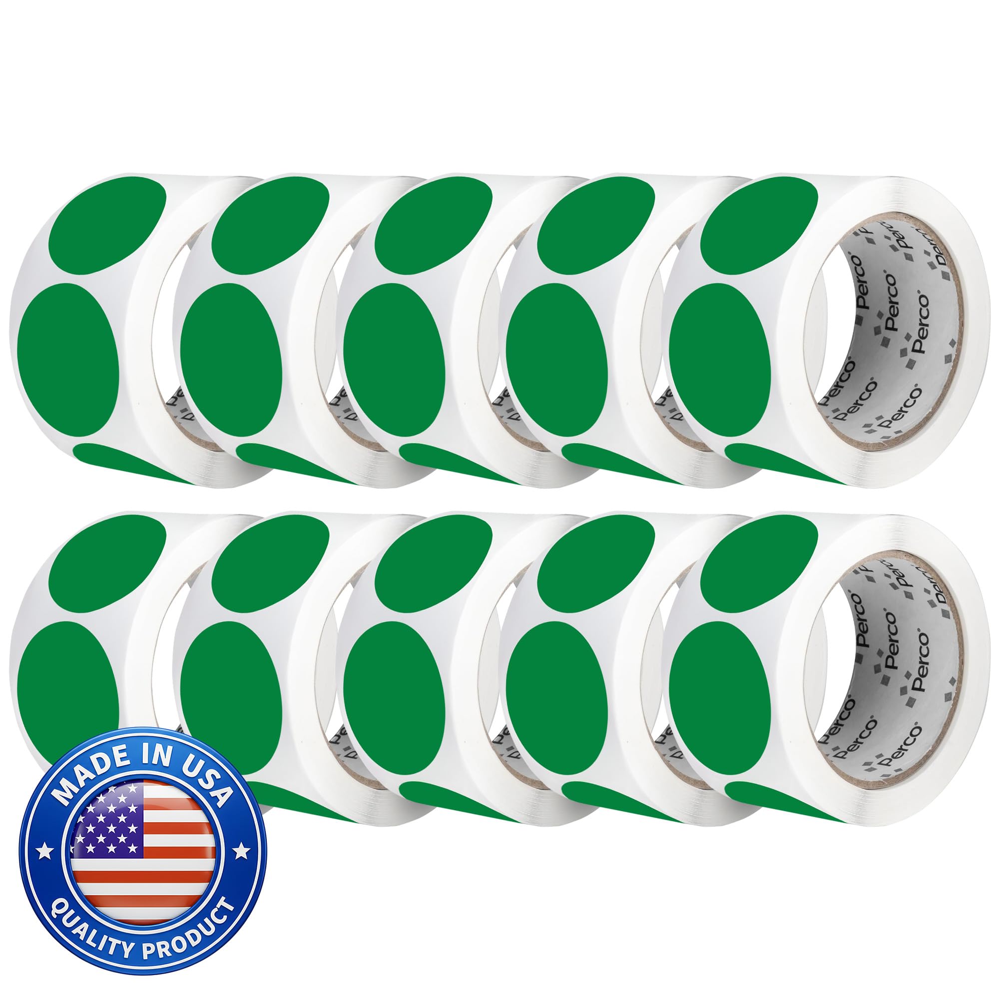 Perco Green Perforated Round Circle Dot Sticker 2-Inch Labels — 10 Rolls, 5,000 Stickers - Product Labels, Shelf Tags &amp; Inventory Organization, Strong Adhesive - Made in USA