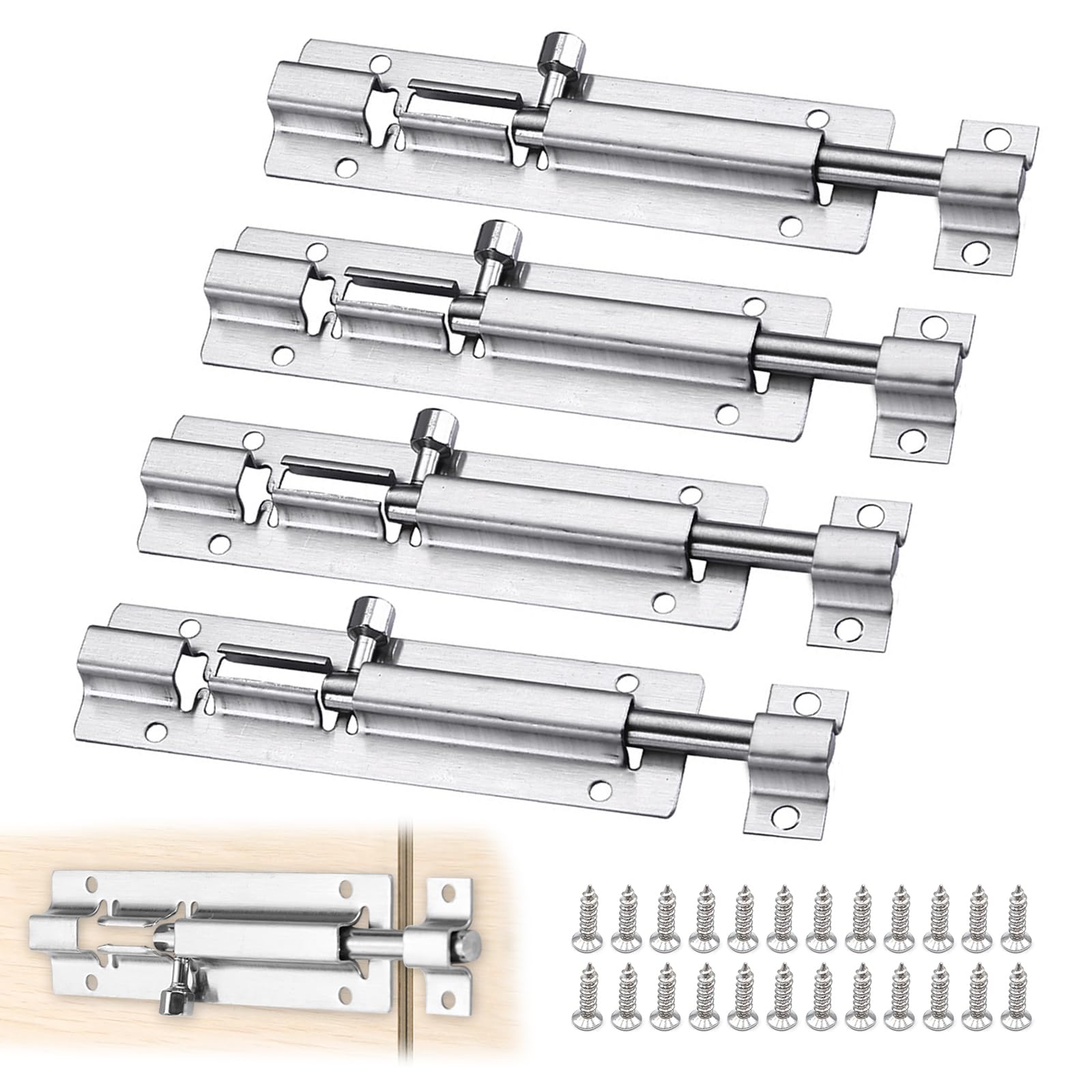 dogmoon Door Security Slide Latch Lock, 4PCS Stainless Steel Sliding Door Latch with Screws, Barrel Bolt Latch, Slide Door Bolt for Home Yard Garden(4 Inch, Silver)