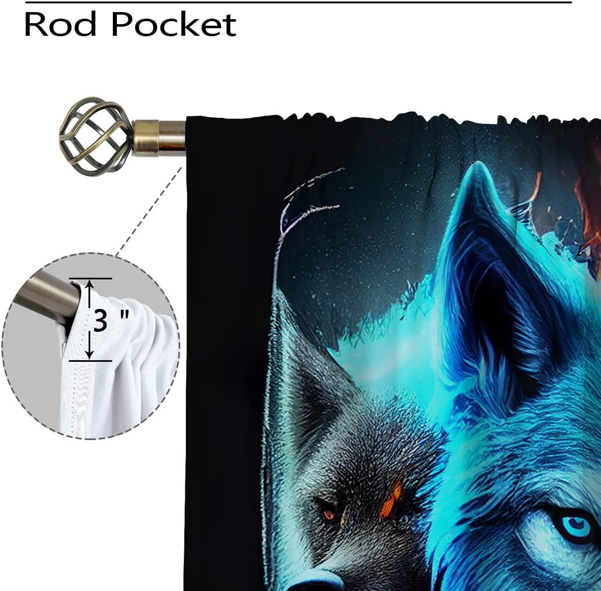 Funny Wolf Blackout Curtains for Girls Boy Home Decor, Wild Animal Forest Ice and Fire Art Rod Pocket Thermal Insulated Drapes Darkening Window Curtain for Bedroom Living Room, 42 x 45 Inch