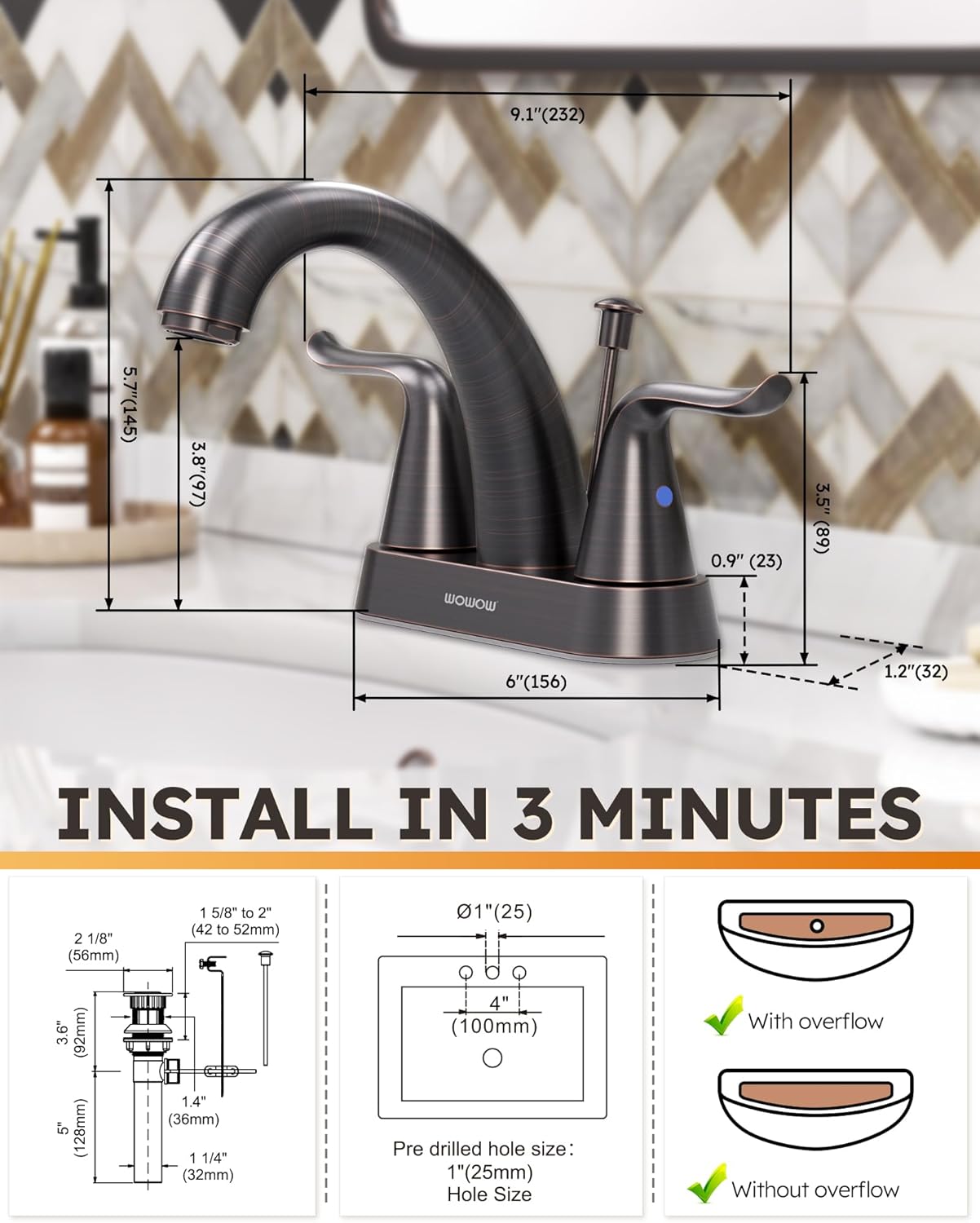 WOWOW Bathroom Faucet 4 inch Centerset Oiled Rubbed Bronze Bathroom Sink Faucet Lift Rod Drain Assembly Stainless Steel Faucets for Bathroom Faucet Retro Lavatory