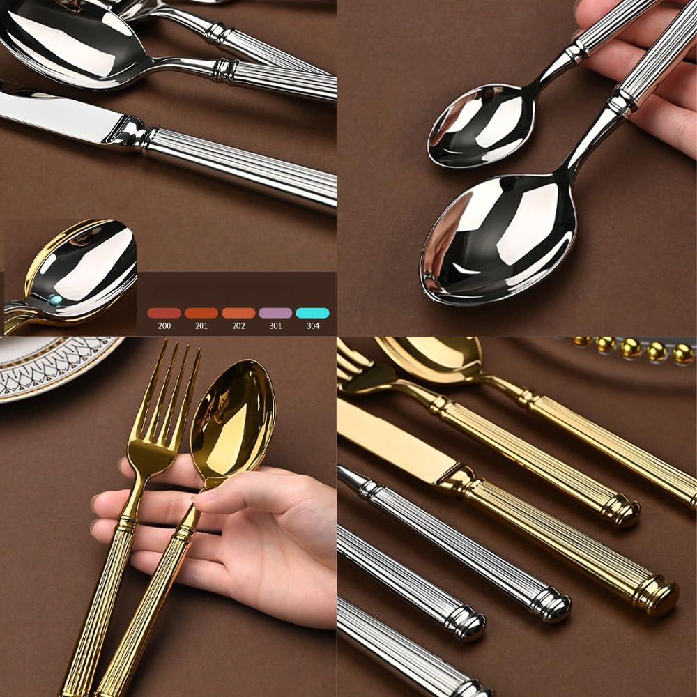 Luce Di Lusso Forgiato Solido Romano Colonna Manico Cucina Acciaio Inox Argenteria Stoviglie Posate Set Bistecca Coltello Forchetta Cucchiaio Cucchiaino (Argento,20 pezzi)